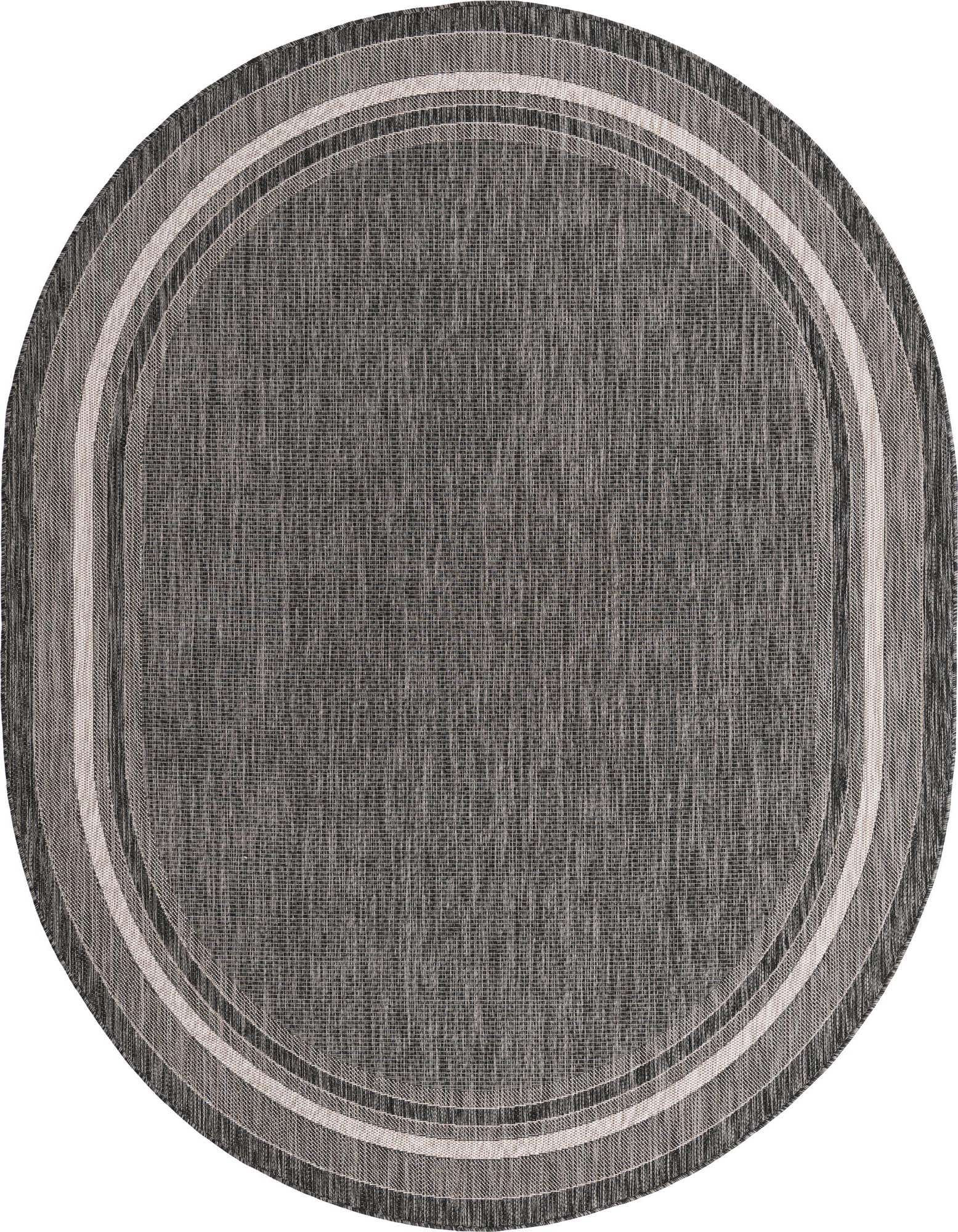 A large 7'10" x 10'0" oval black and grey flatweave rug with a subtle striped border, suitable for indoor or outdoor use.