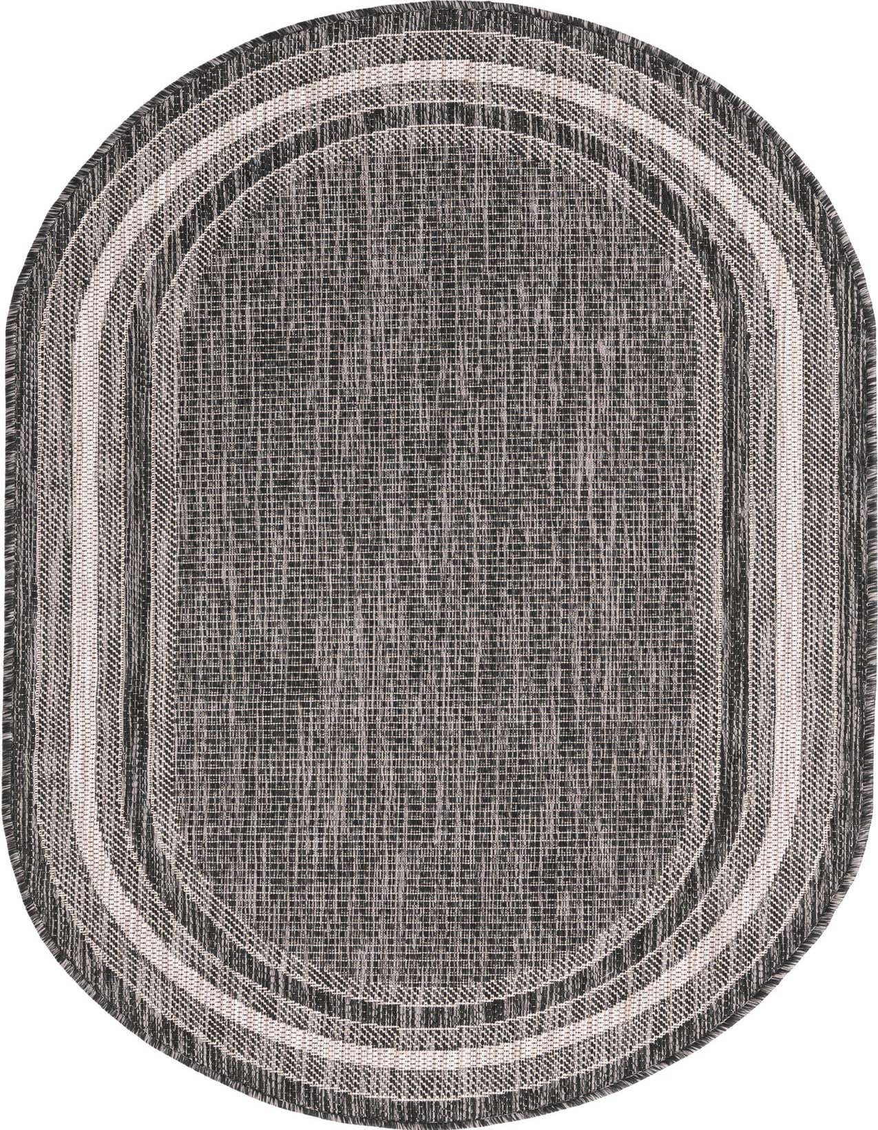 A 3' 0 x 5' 3 oval black and white flatweave rug with a textured solid pattern and striped border, suitable for indoor or outdoor use.