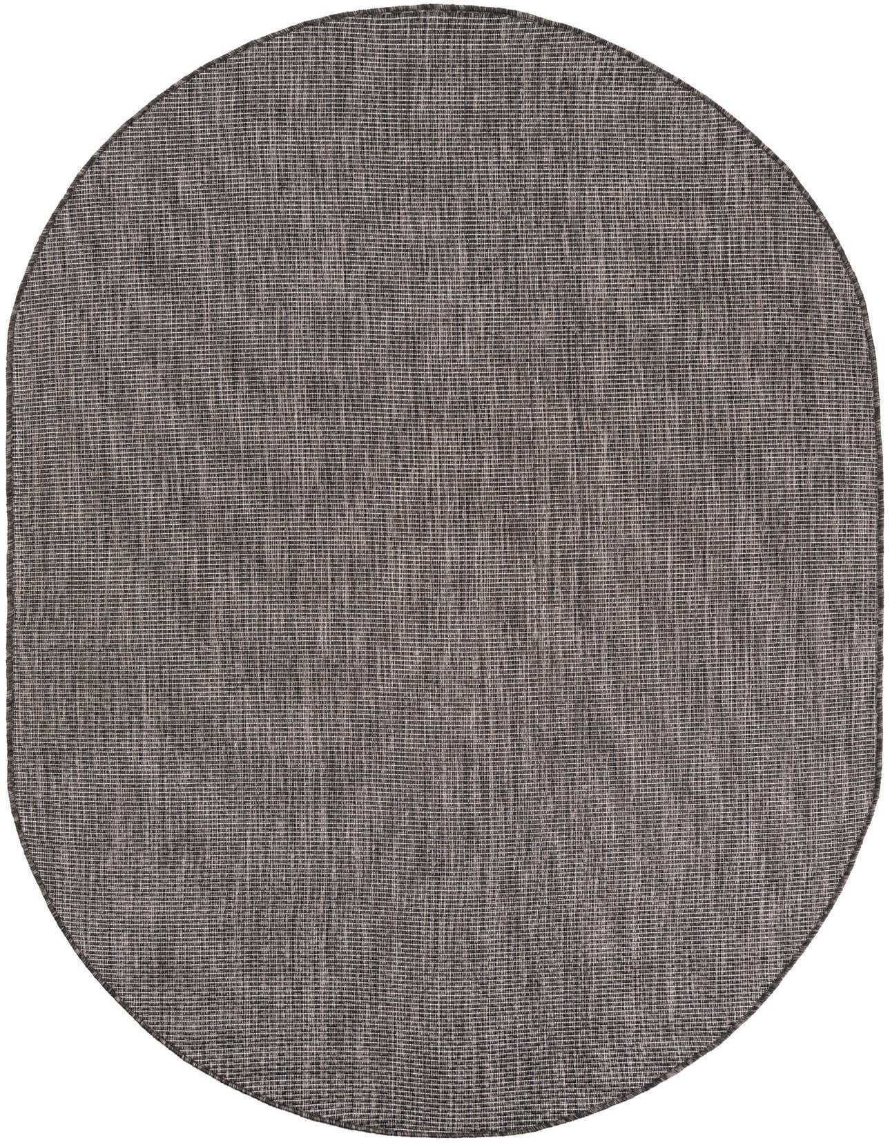 A 5' 3 x 8' 0 oval black modern flatweave rug with a textured, solid pattern, suitable for indoor or outdoor use.