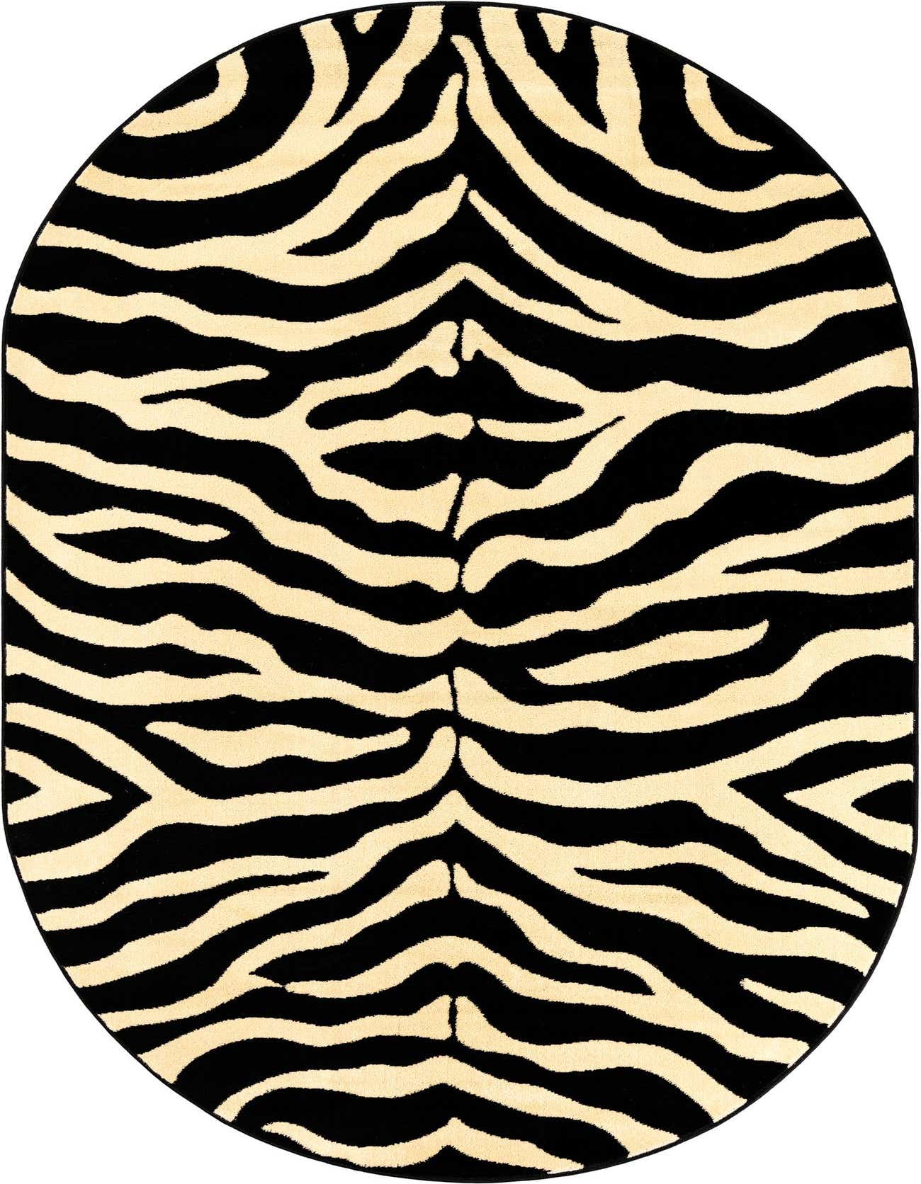 A 5' 3 x 8' 0 oval rug featuring a bold black and cream zebra stripe pattern, ideal for a modern living space.