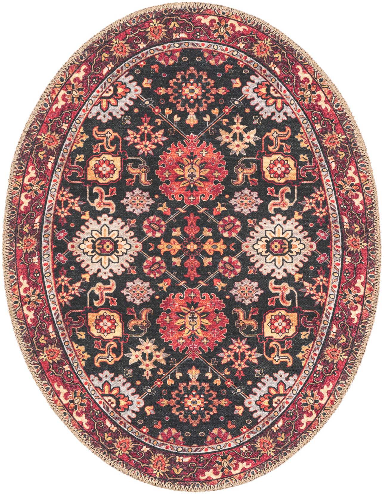 An oval black rug with a traditional Oriental medallion pattern in shades of red, orange, and cream, suitable for an indoor space.