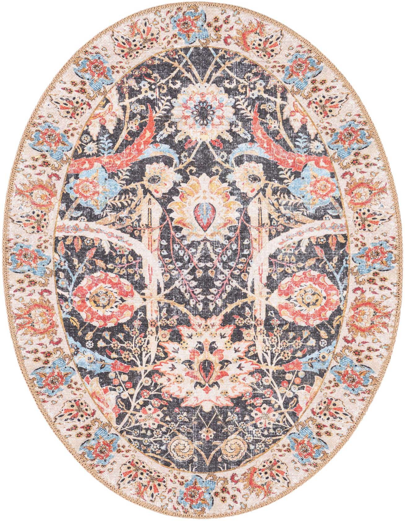 An oval 2' x 3' black traditional rug with a vibrant floral and medallion pattern in red, blue, and cream.