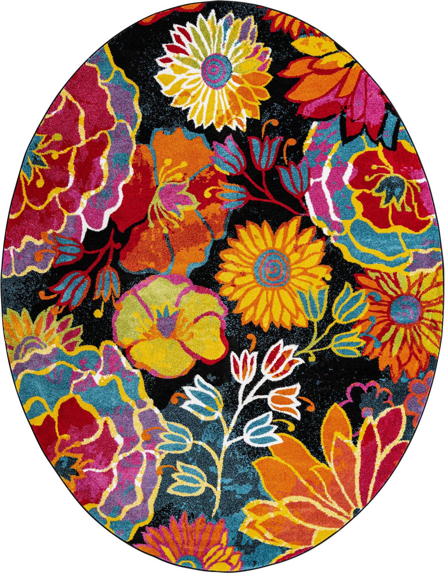 An 8' 0 x 10' 0 oval rug from the Tuscany collection, featuring a vibrant floral pattern on a black background, with large blooms in red, pink, orange, yellow, and blue.