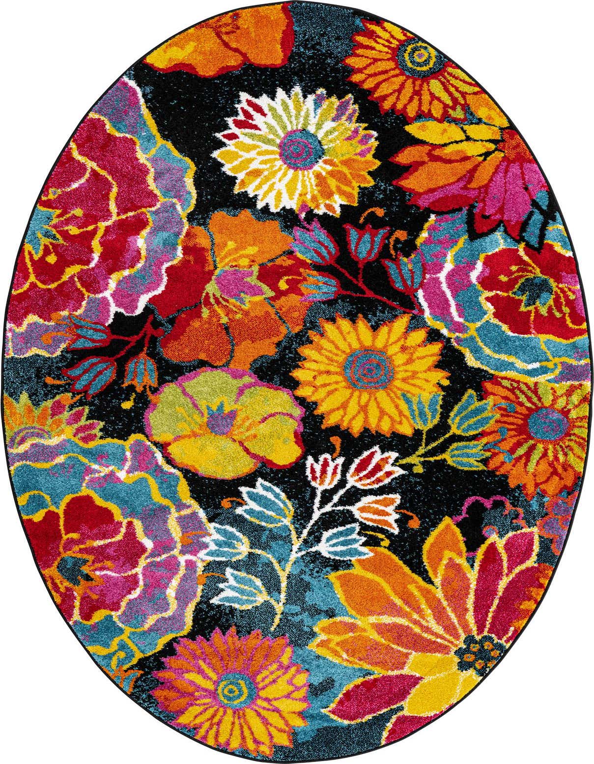 A vibrant 5'x8' oval rug with a black background, featuring large, colorful floral and botanical patterns in red, yellow, orange, pink, and blue.