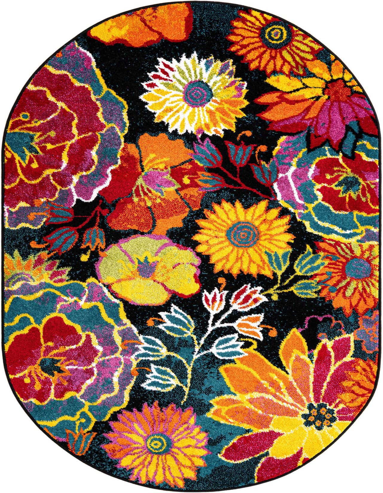 A vibrant 4'1" x 6'1" oval rug featuring a bold modern floral pattern with large red, orange, yellow, and teal flowers on a black background.