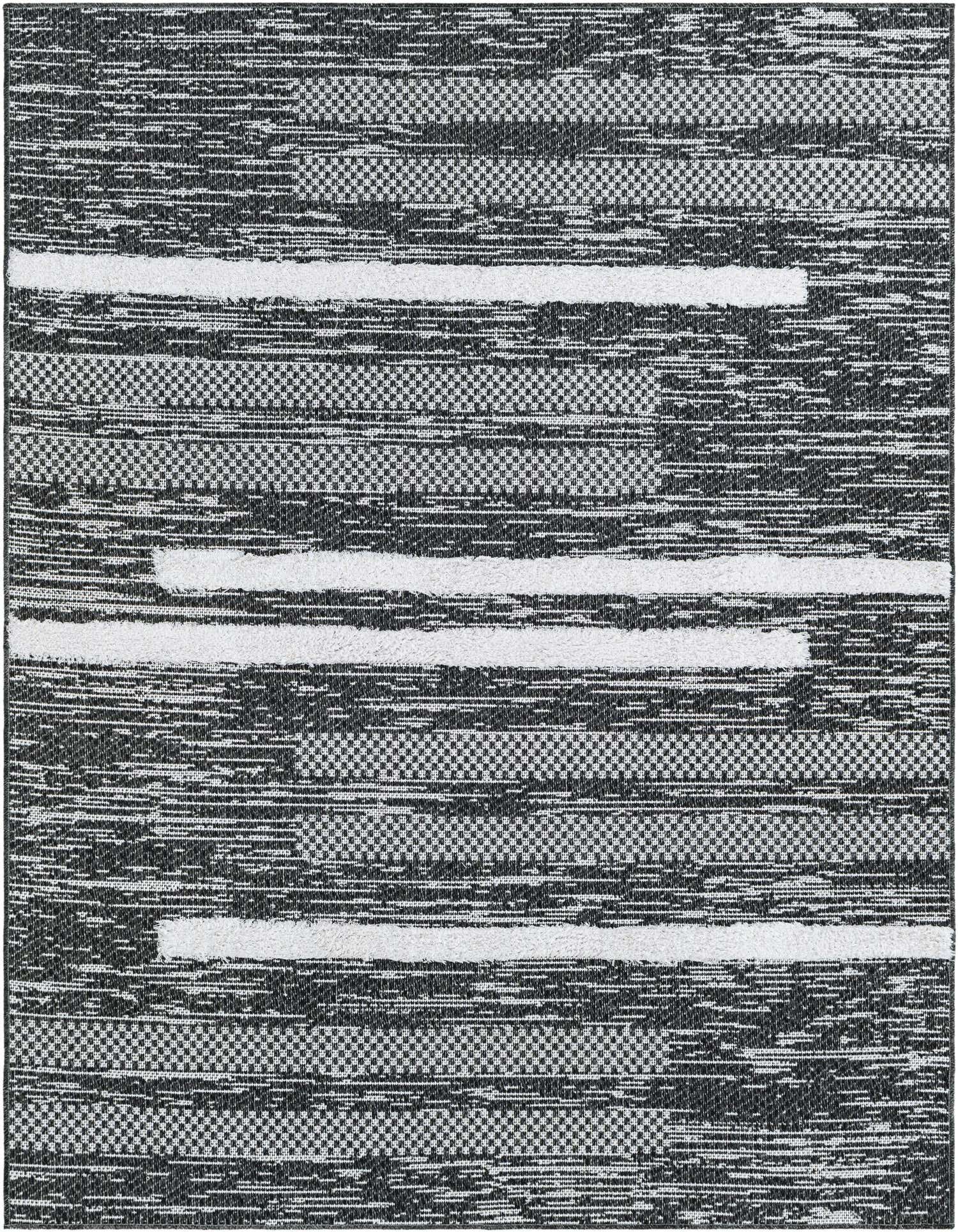 A 4x6 rectangular black and white modern rug with varied stripe and checkerboard patterns, featuring a high/low textured pile.