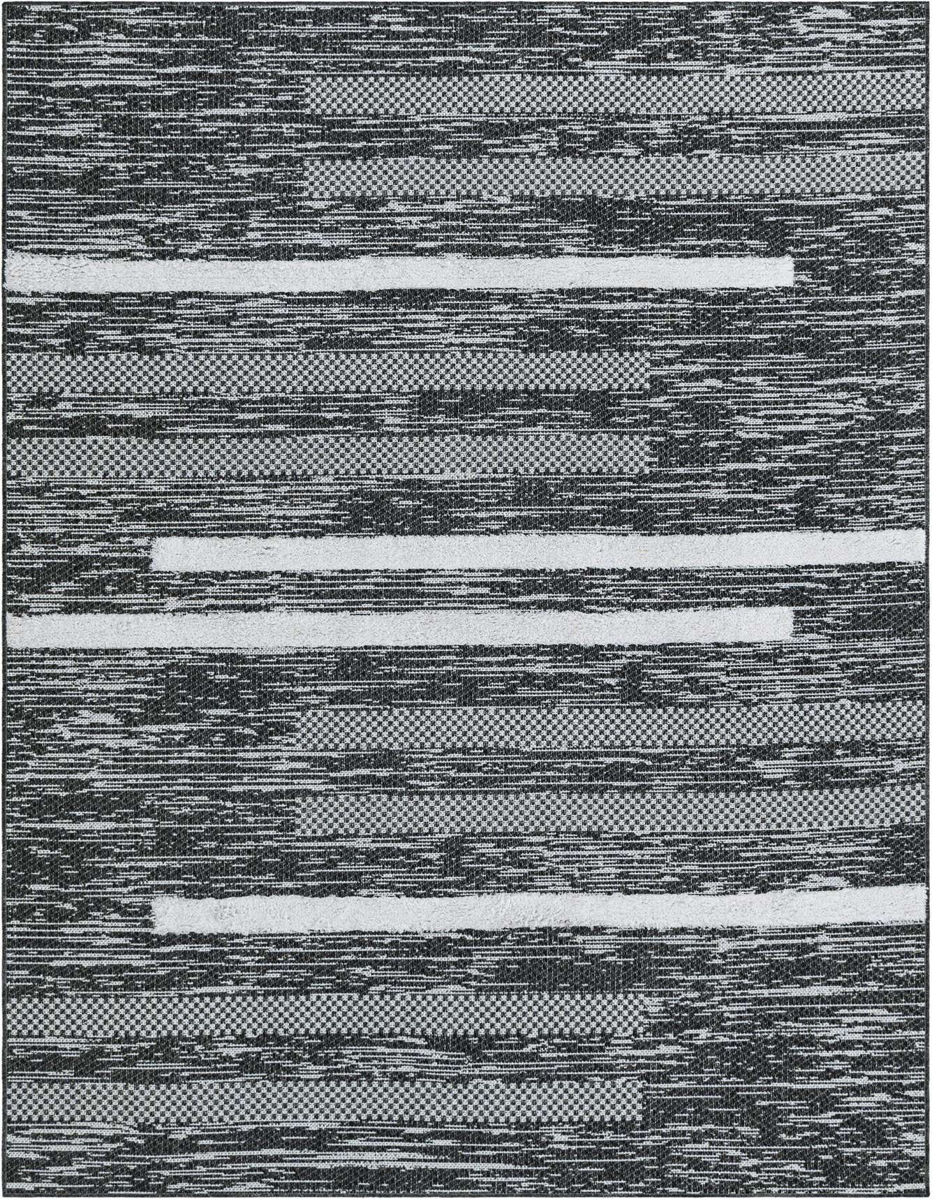 A 5x8 rectangular Abbey Collection rug by Rugs.com, featuring a modern black and white striped pattern with varied textures.