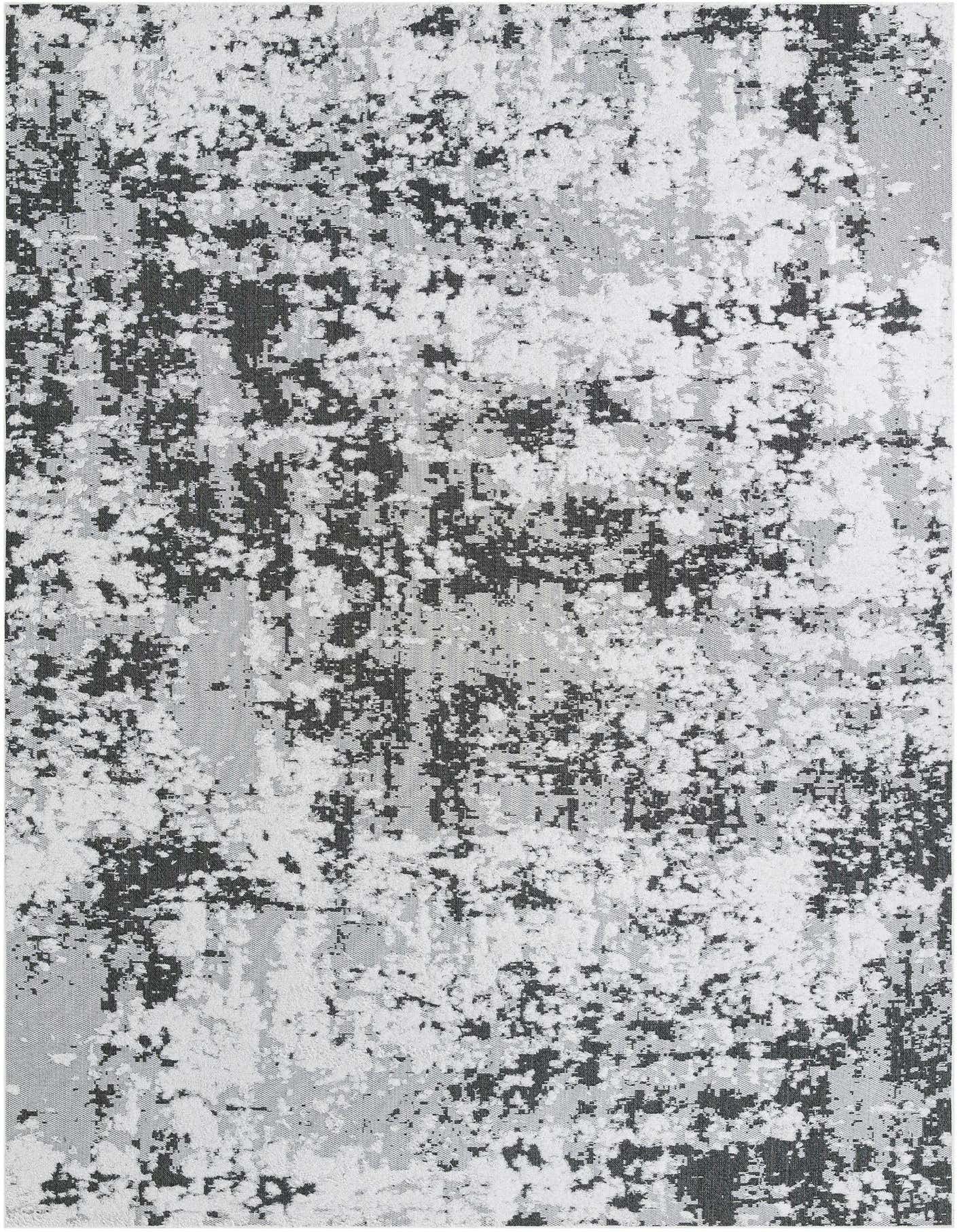 A 10x14 rectangular Rugs.com Abbey rug featuring an abstract, textured pattern in black, white, and gray tones.