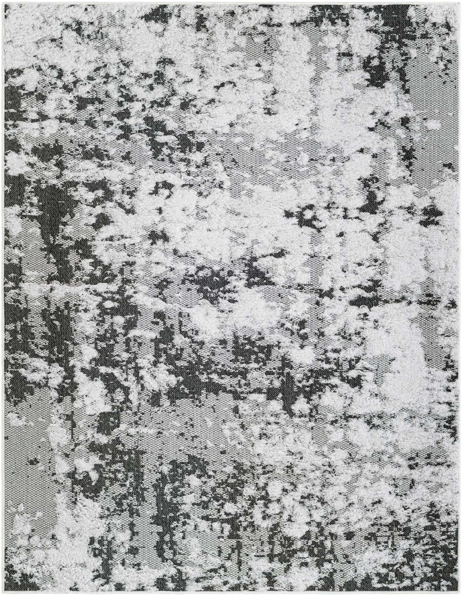 A 4x6 rectangular Rugs.com Abbey rug featuring an abstract pattern in black and white with a textured, medium pile.