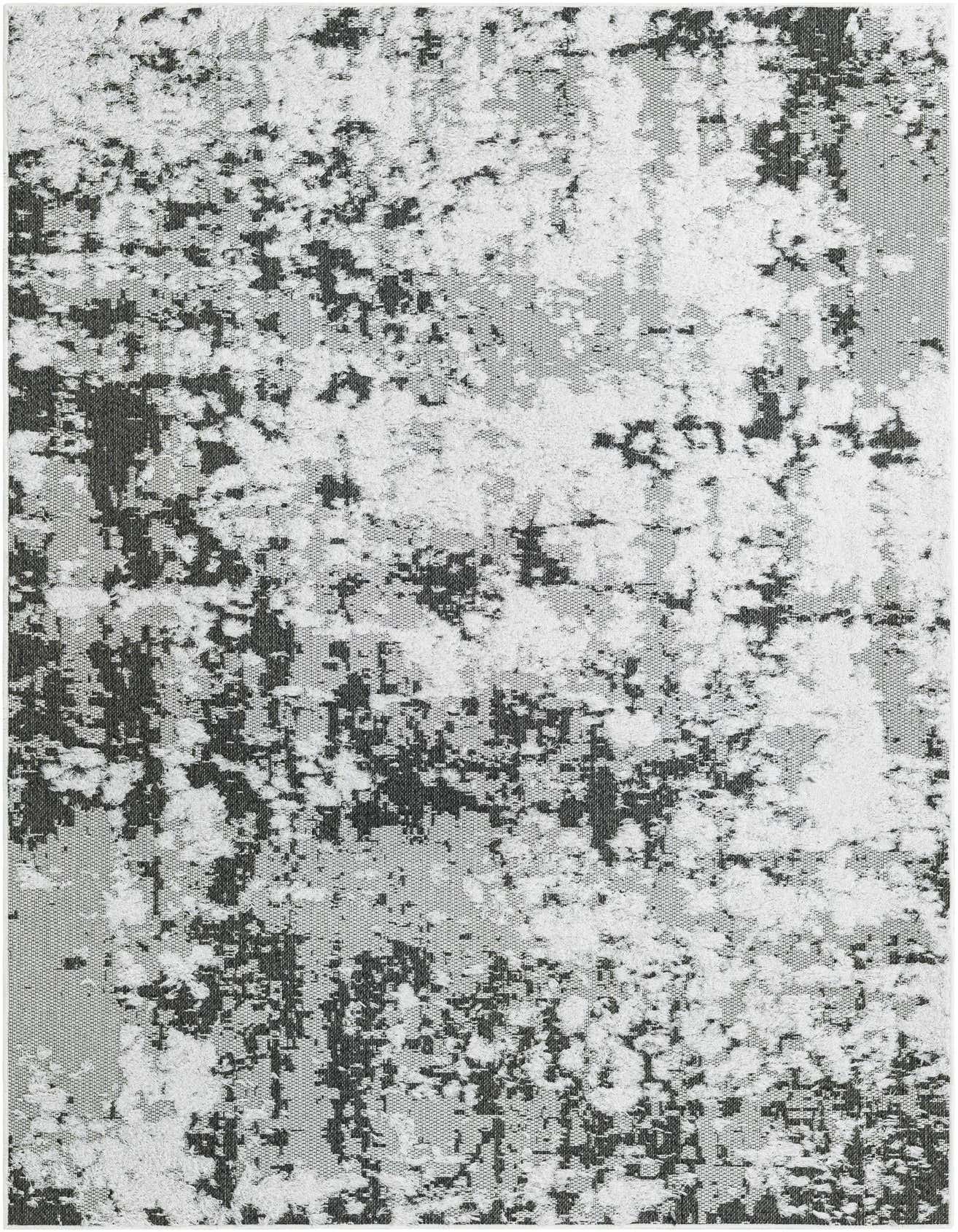 A 5x8 rectangular Abbey collection rug from Rugs.com featuring an abstract pattern in varying shades of black and white.