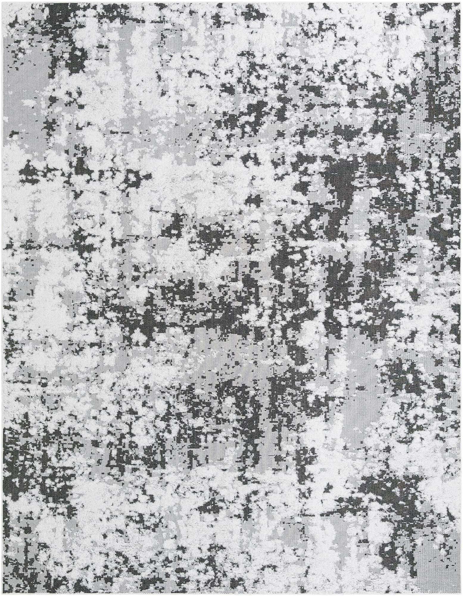 A 9x12 rectangular Rugs.com Abbey rug featuring an abstract pattern in black, grey, and white tones.