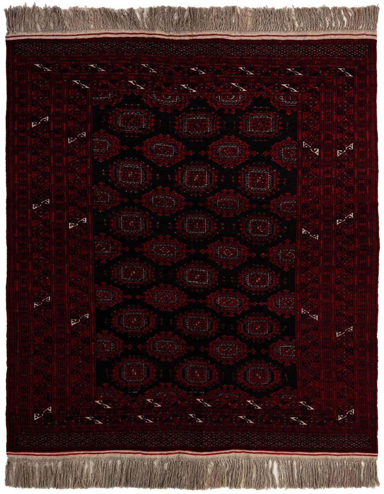 A 5x7 rectangular black Afghan Akhche rug with a traditional tribal pattern in deep red and intricate details, featuring light fringes.