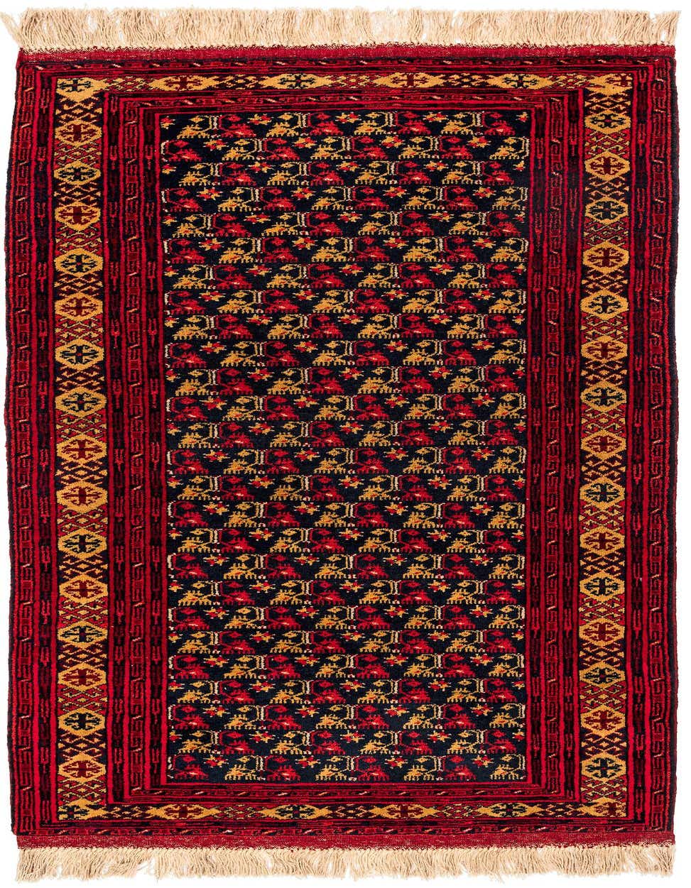 A 4x6 rectangular Afghan Mouri rug featuring a black field with repeating red and gold tribal patterns, bordered by red and gold geometric designs, with natural fringe.