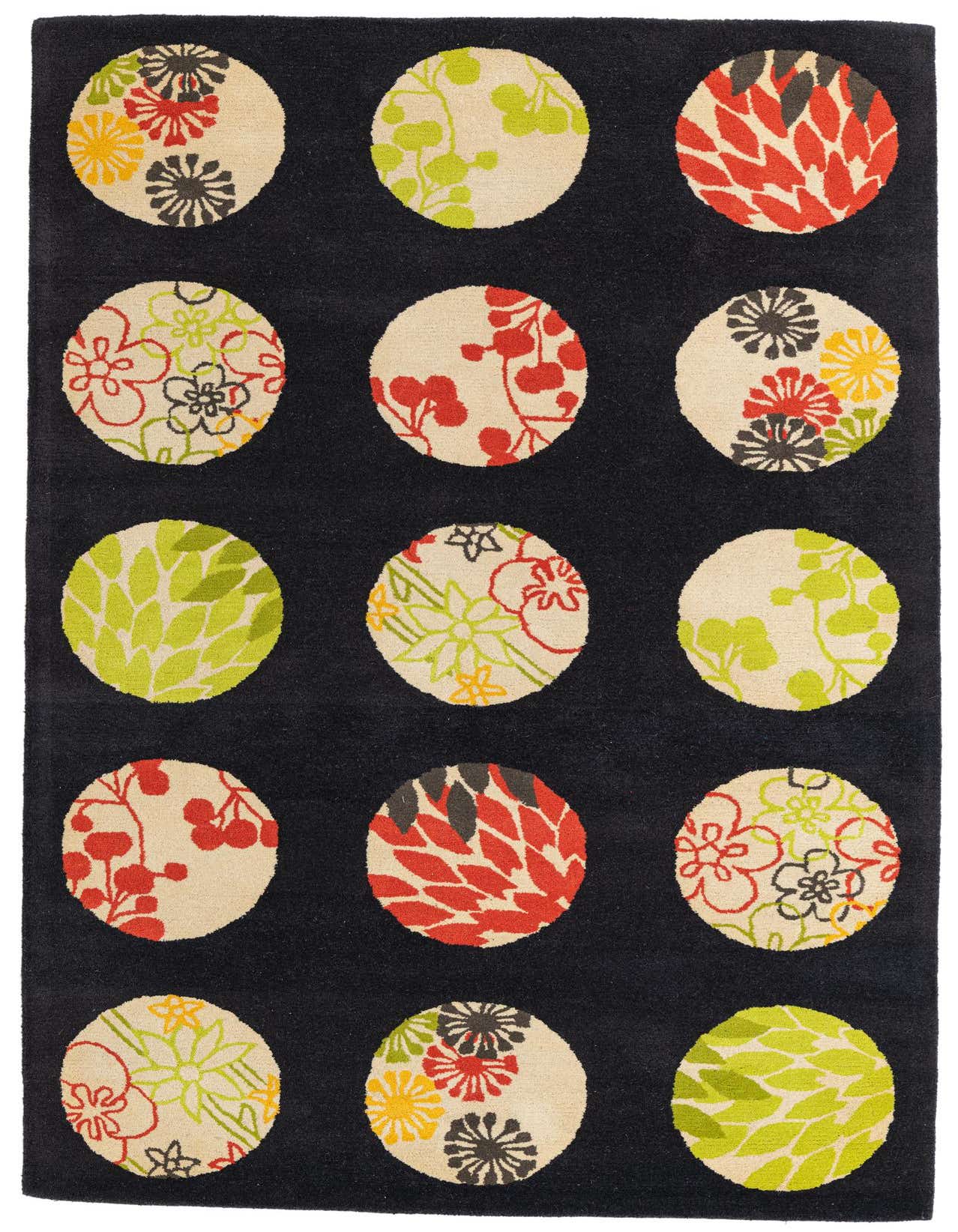 A 5x8 rectangular black modern rug with a high pile, featuring large circular patterns in various floral and leaf designs in red, green, yellow, and beige.