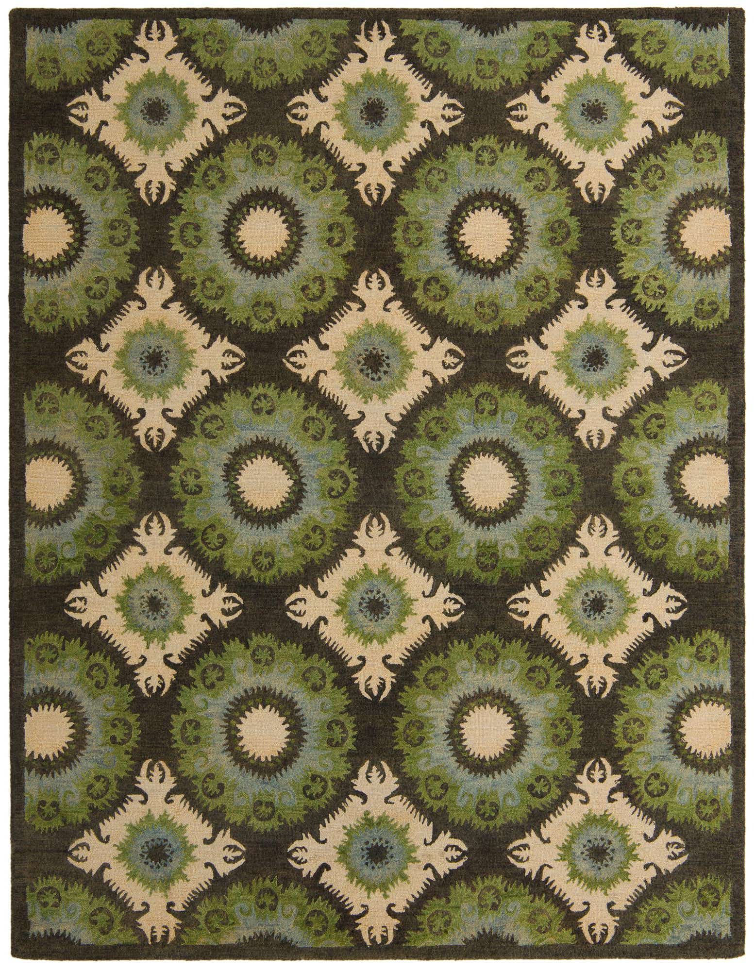An 8x10 rectangular area rug featuring a repeating pattern of green and blue floral medallions alternating with cream diamond shapes on a dark background.