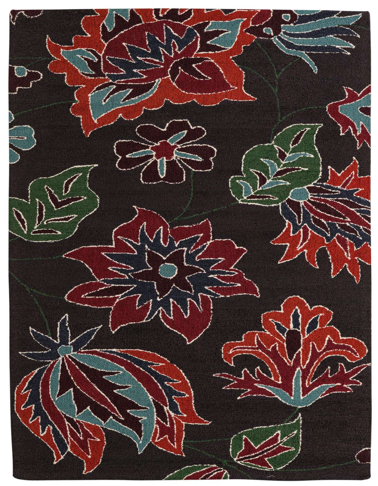 A 5x8 rectangular black wool rug featuring a vibrant floral and botanical pattern in red, teal, and green.