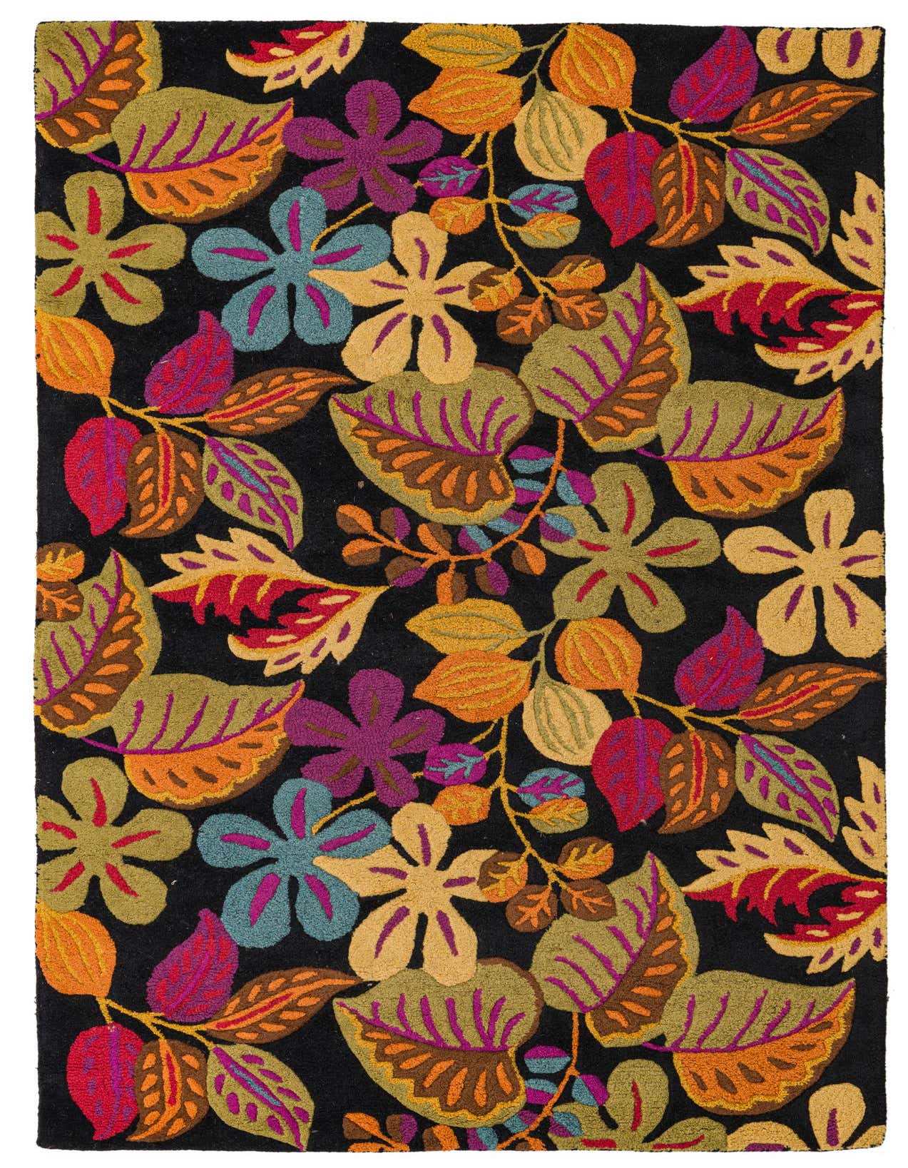 A 5x8 rectangular black area rug with a vibrant, high-pile floral and botanical pattern in various colors.