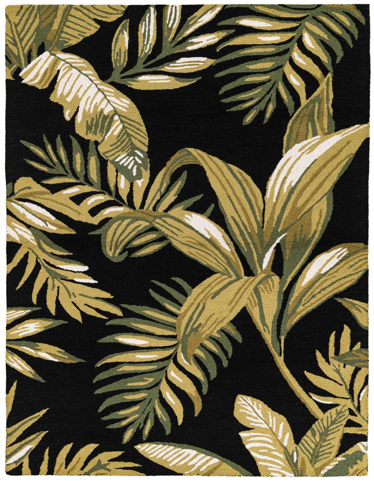 A 5x8 rectangular black modern rug with an abstract pattern of large olive green, gold, and white leaves.