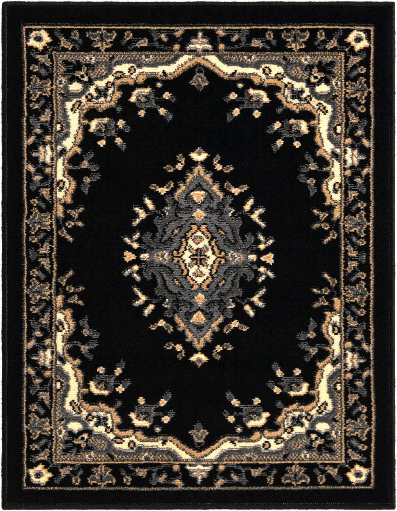 A 2x3 rectangular black rug with a traditional oriental medallion pattern in cream, gold, and gray, suitable for an entryway.