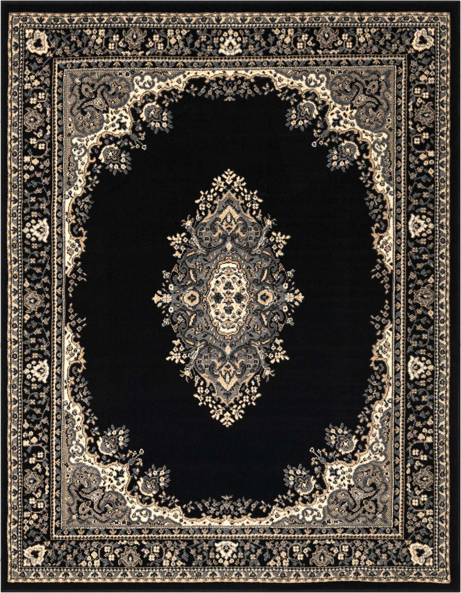 A 5x7 rectangular black area rug with a traditional medallion and ornate border in beige and gray.