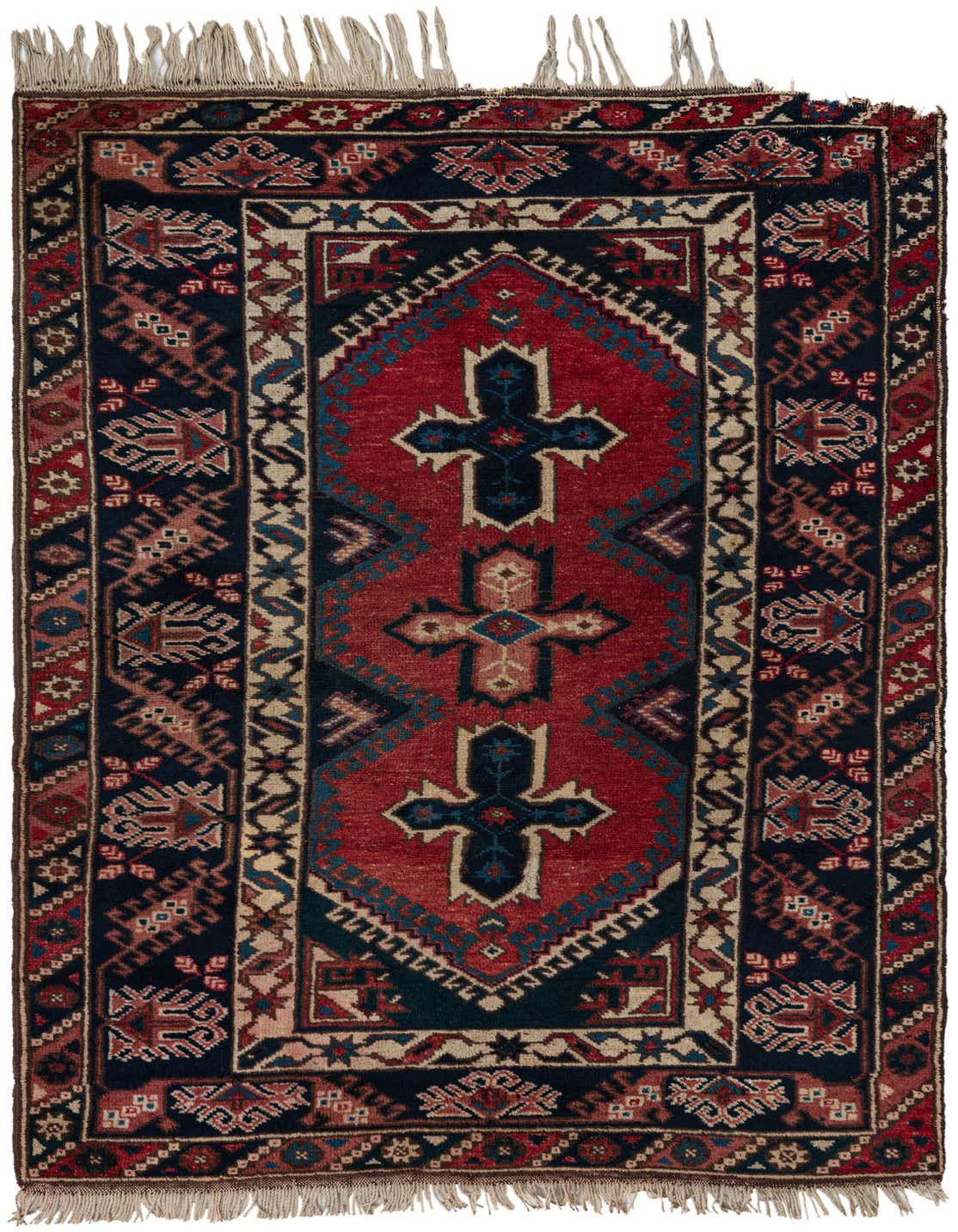 A 4x6 rectangular Anatolian wool rug featuring a dark red field with navy blue and cream traditional tribal patterns, including a central medallion design and fringed ends.