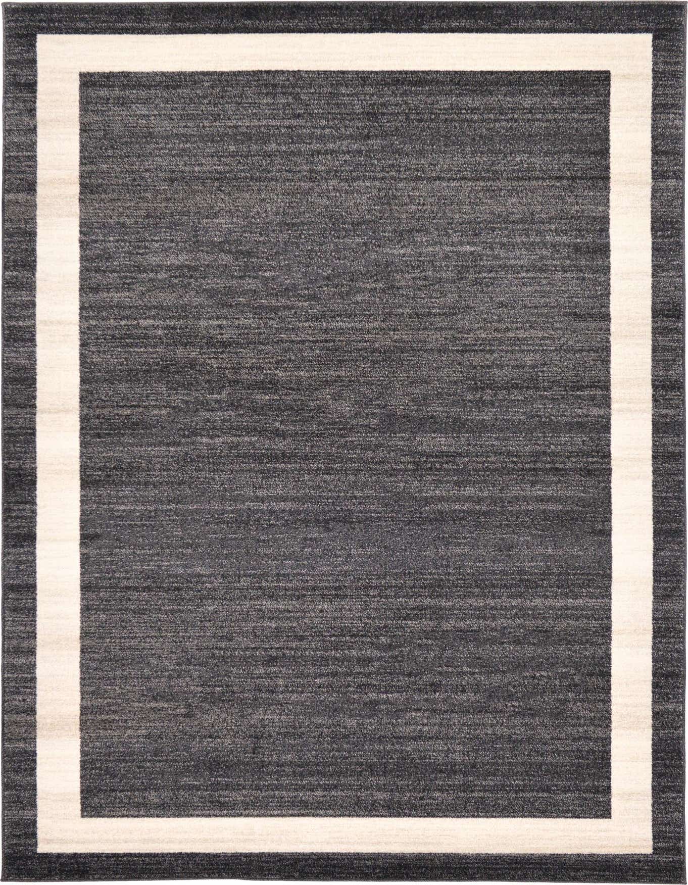 A 6x9 rectangular Angelica rug in black with a cream border, suitable for a living room or office.