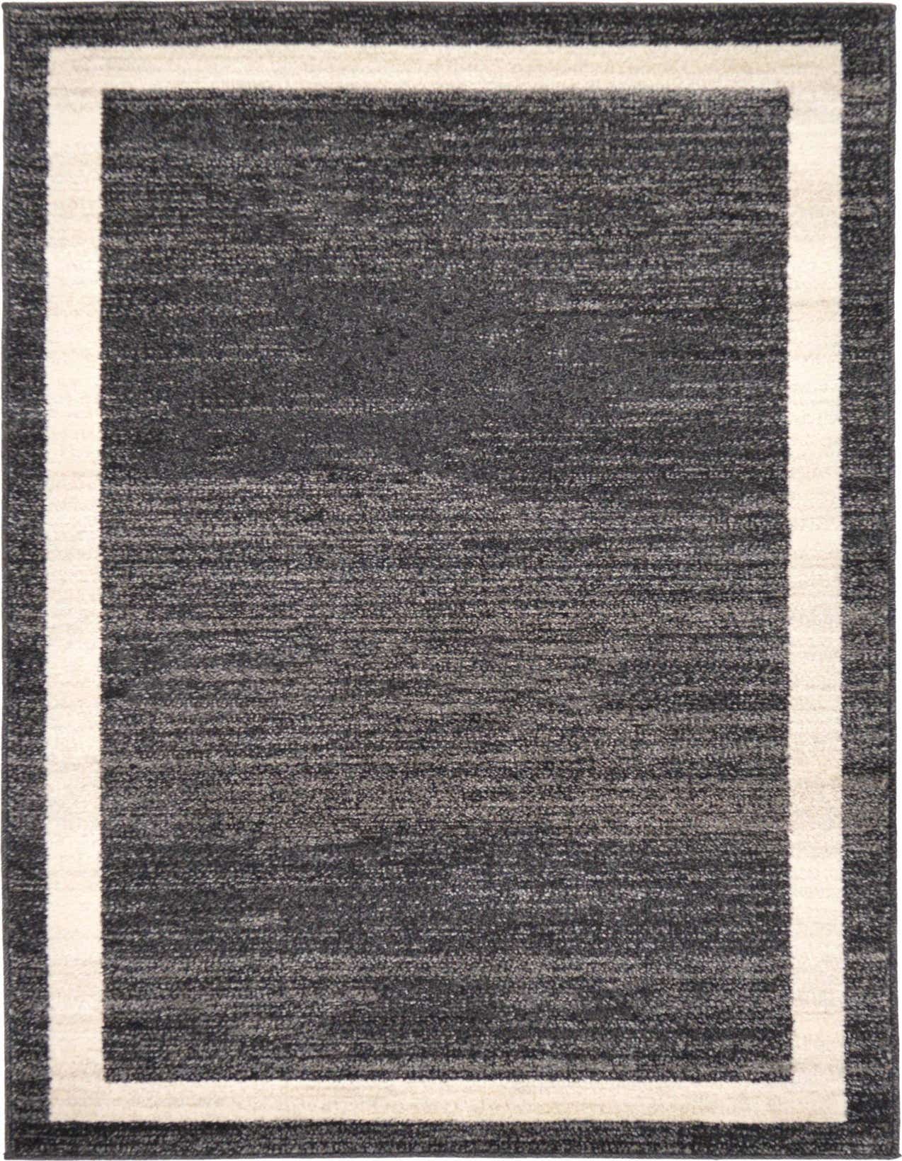 A 3x5 rectangular black area rug with a clean, solid black center and a contrasting off-white border.