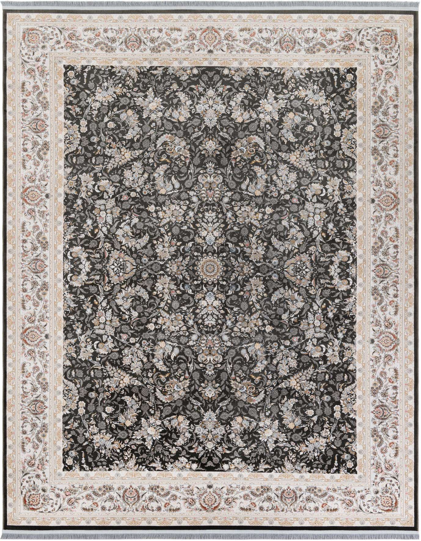 A 7x10 rectangular black traditional French rug with intricate floral patterns in cream, grey, and subtle gold, featuring a detailed border.