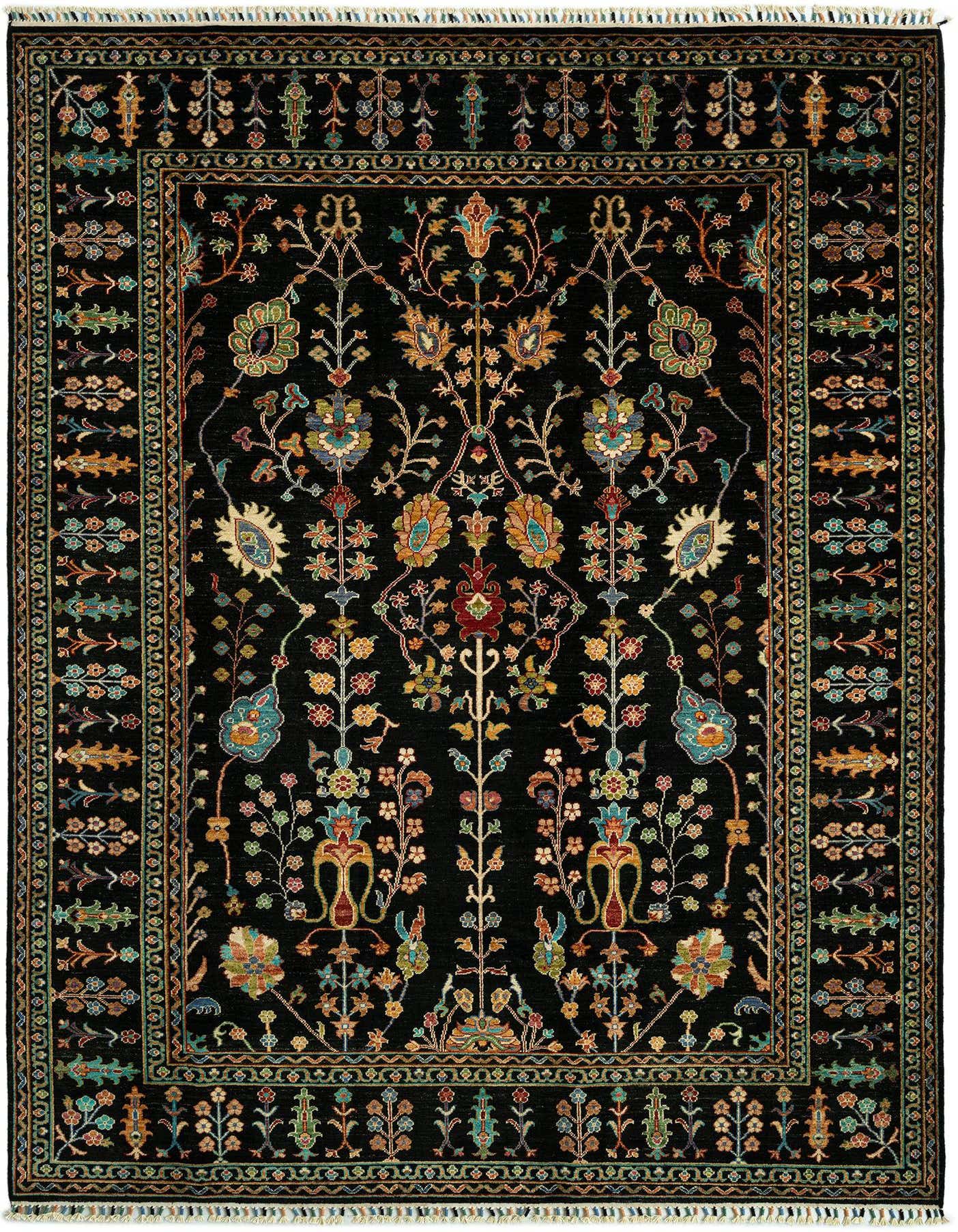 A 7x10 rectangular black Persian wool rug with an intricate floral and botanical pattern in various colors.