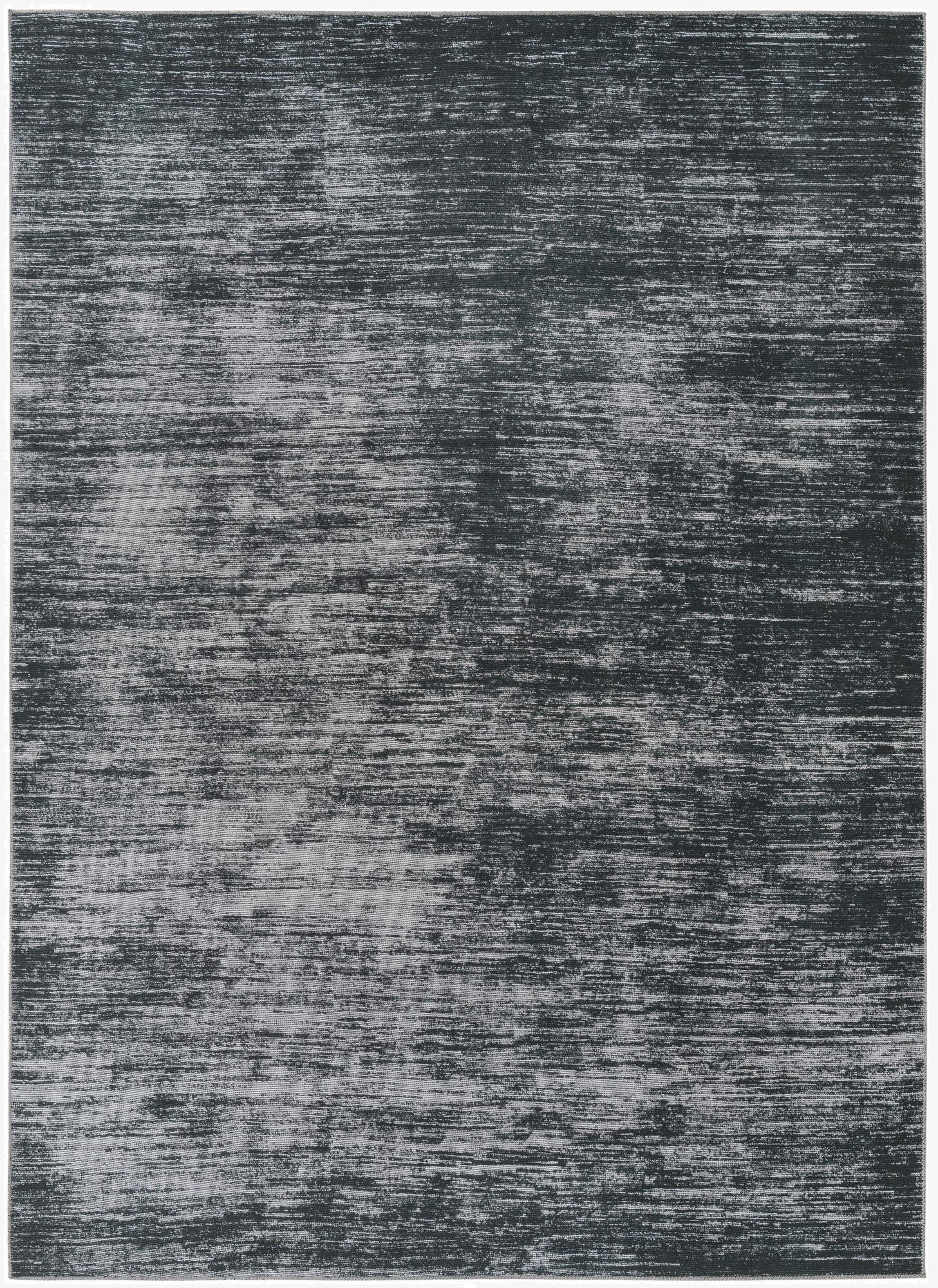 A 7x10 rectangular black modern area rug with a textured, distressed stripe pattern, suitable for a living room or office.