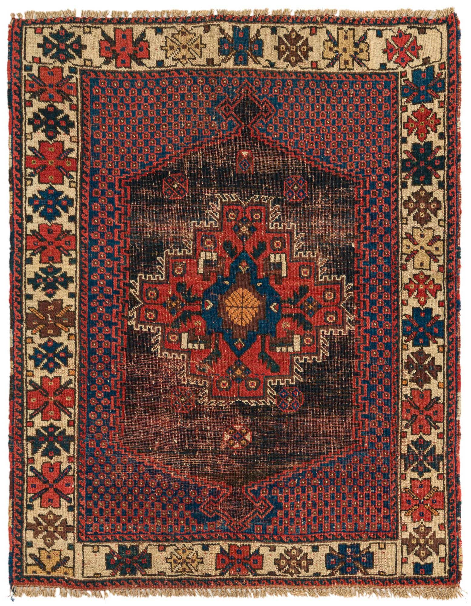 A 3x4 rectangular Bakhtiar rug featuring a central medallion in red, blue, and brown on a distressed black field, bordered by traditional floral and geometric patterns in red, blue, and cream.