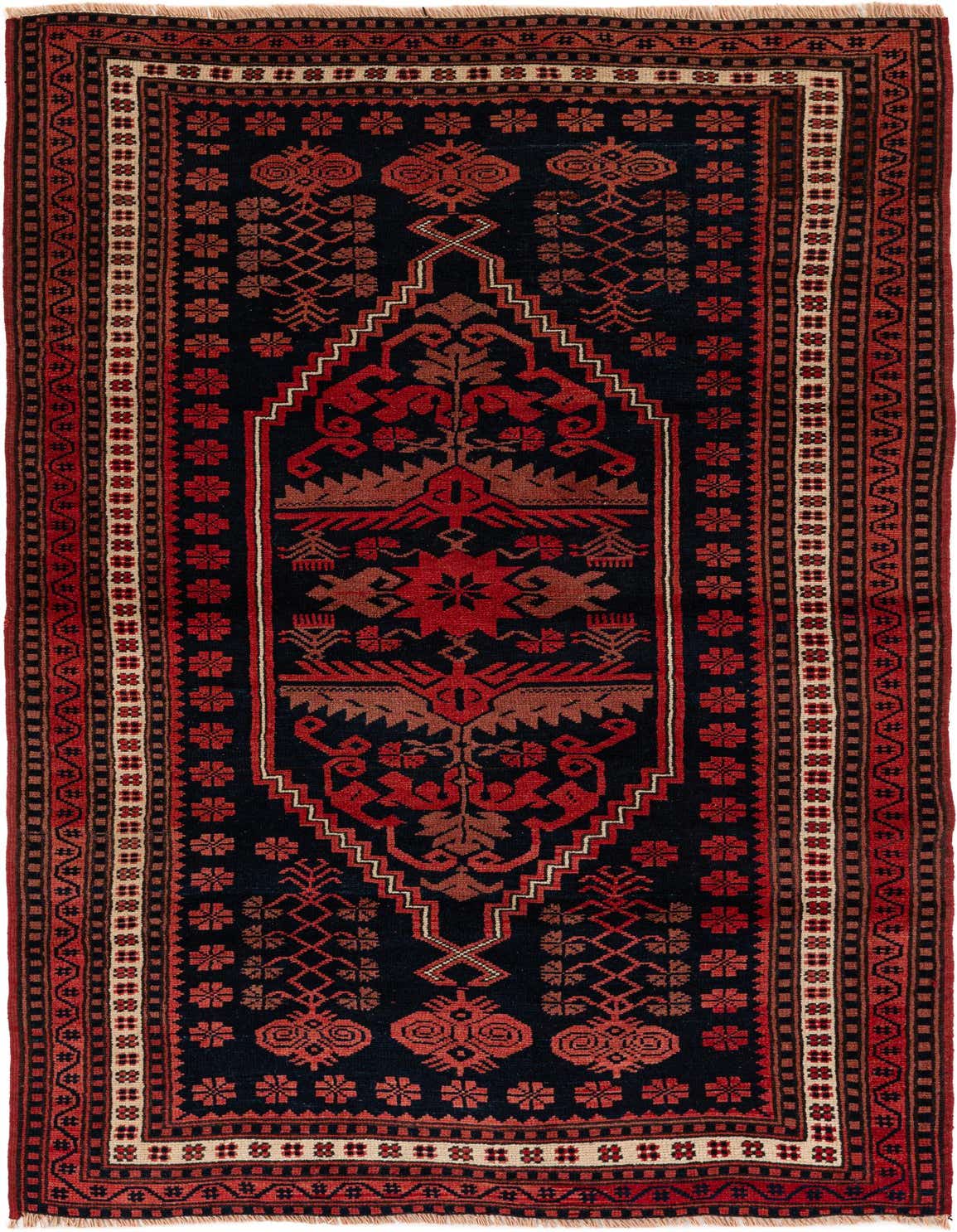 A 4x6 rectangular Balouch rug, handmade with a traditional tribal medallion pattern in black, red, and brown.