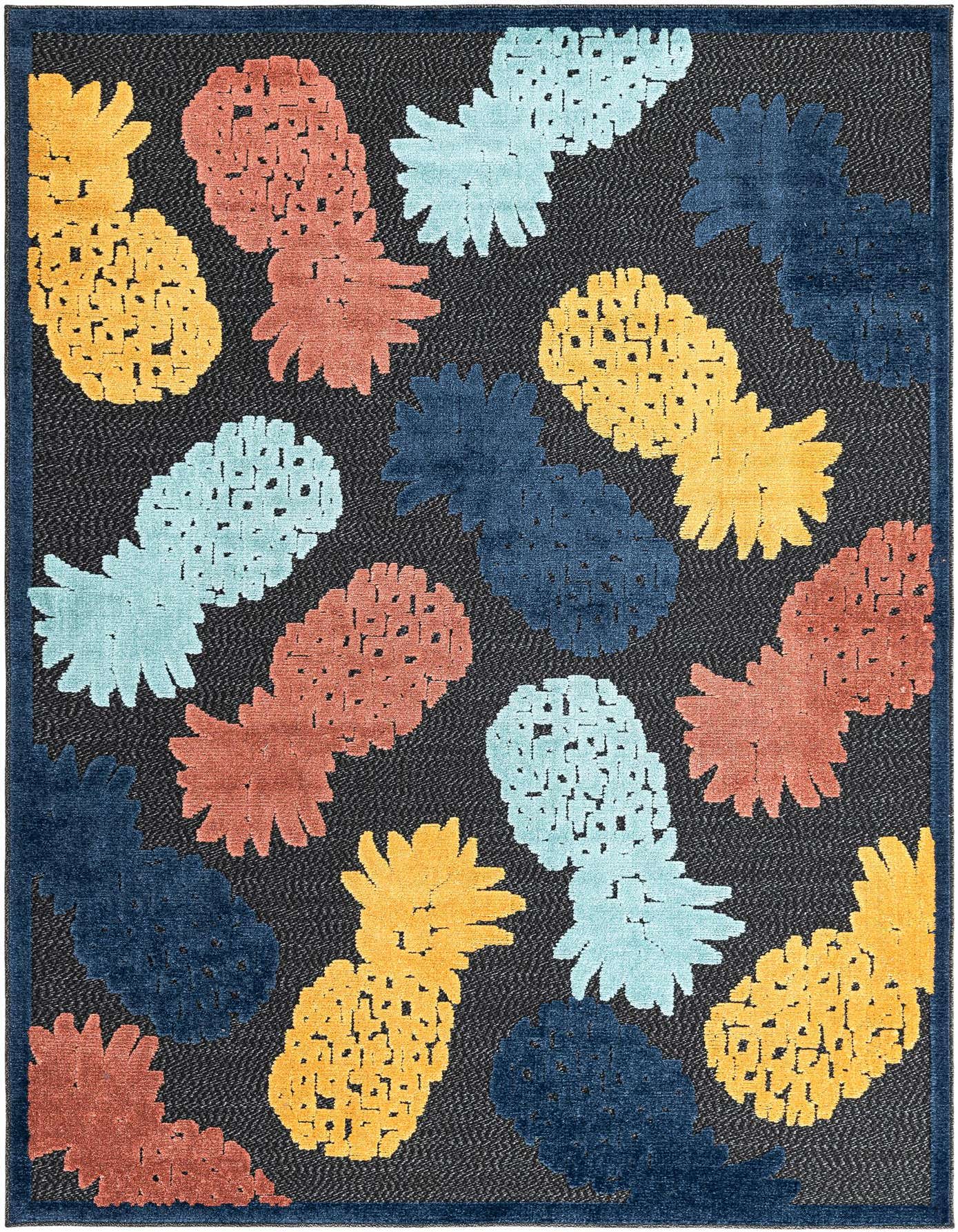 A 6x9 rectangular black rug with a playful, modern pattern of colorful pineapples in yellow, light blue, coral, and navy blue, suitable for indoor or outdoor spaces.