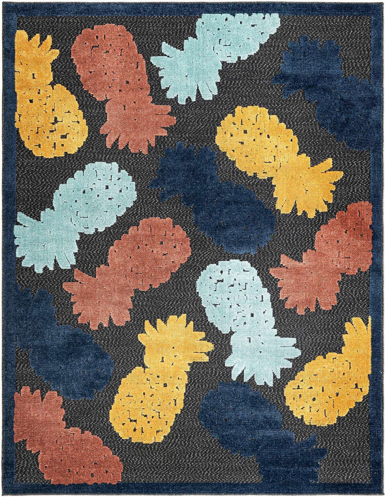 A 5x8 rectangular black rug with a vibrant, abstract pineapple pattern in yellow, light blue, and terracotta, suitable for indoor or outdoor use.