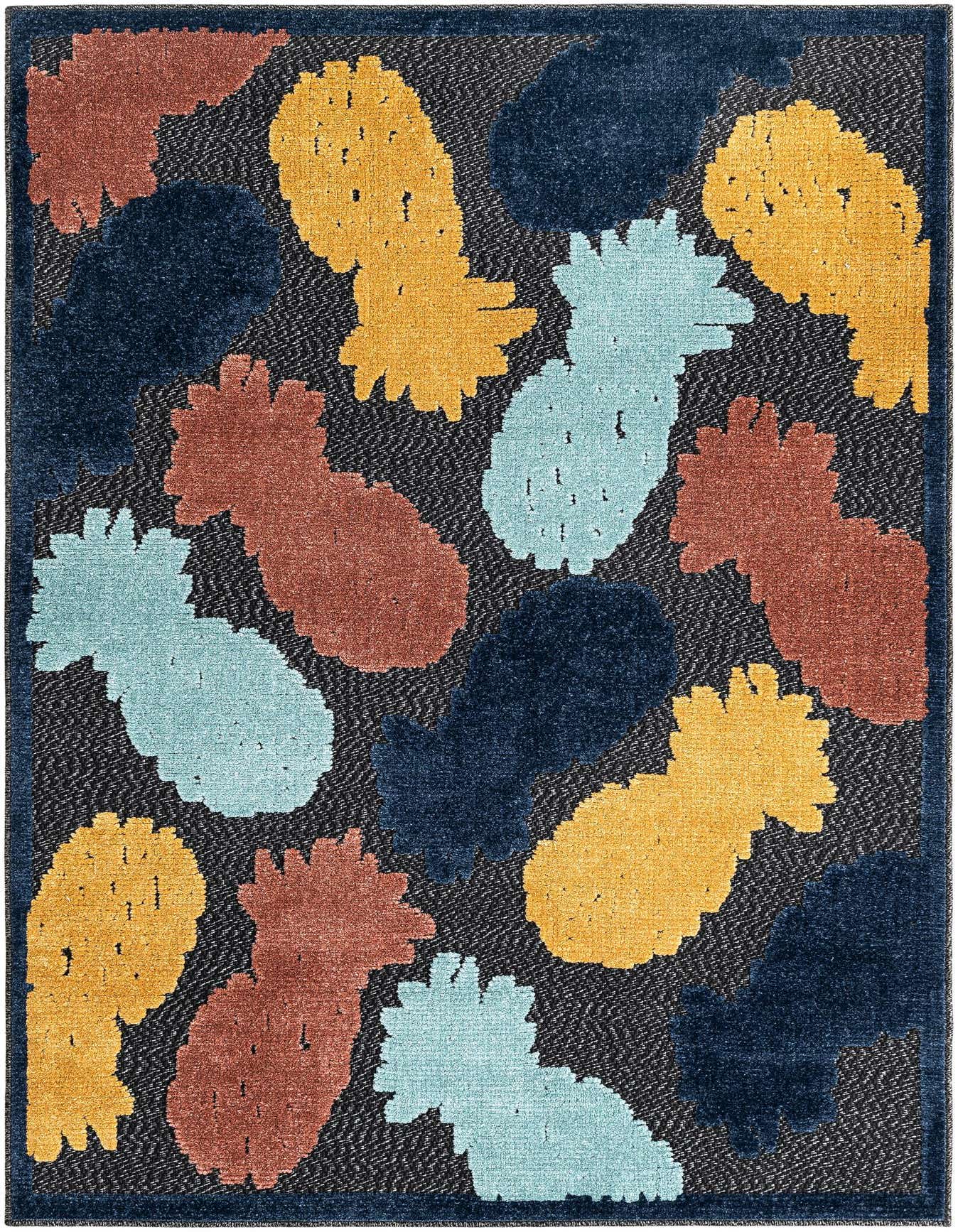 A 4x6 rectangular indoor/outdoor rug with a black background and abstract, textured shapes in shades of yellow, light blue, dark blue, and terracotta.