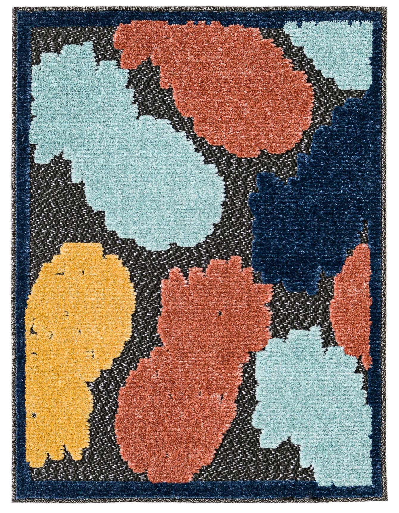 A 2x3 rectangular Rugs.com Belize Outdoor rug with an abstract pattern of coral, light blue, yellow, and navy shapes on a black background.
