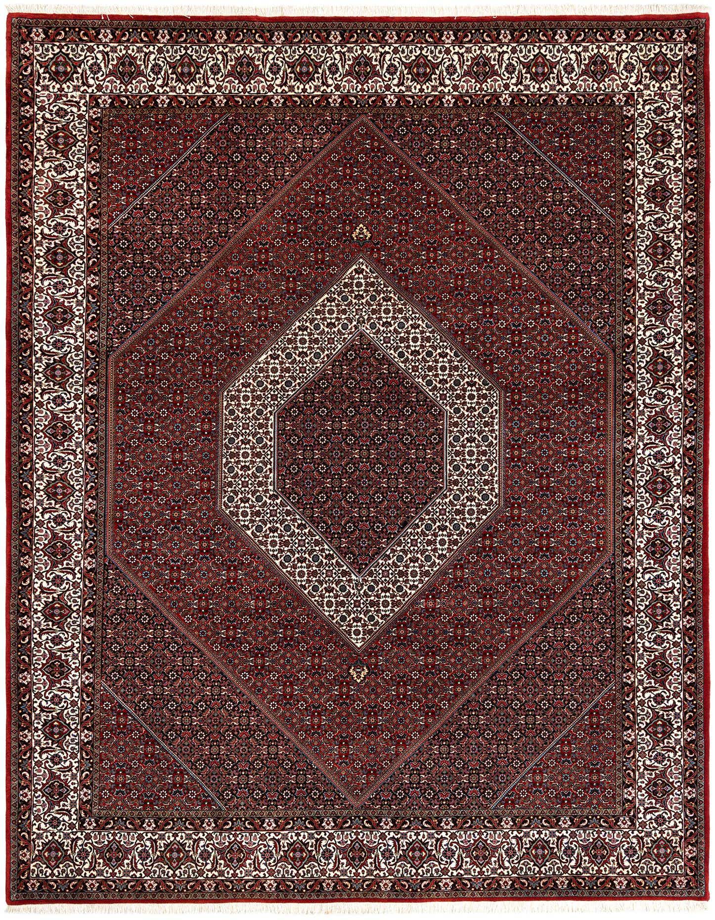 A rectangular 8x11 Bidjar Persian rug in black and red, featuring a central diamond medallion and intricate floral patterns.