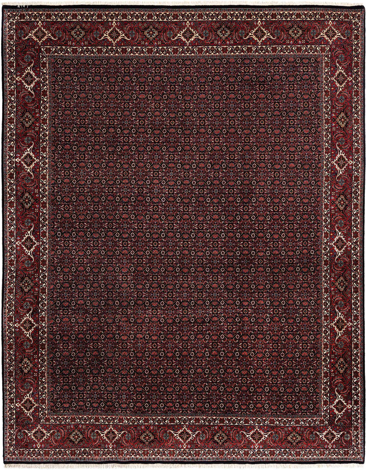 A rectangular 8x11 black Persian wool rug with intricate floral patterns and a detailed red border.