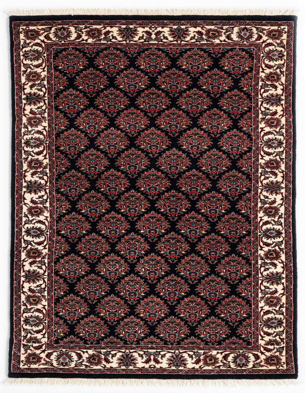 A 3x5 rectangular black Persian rug with an intricate red, blue, and cream floral pattern and a decorative cream border.