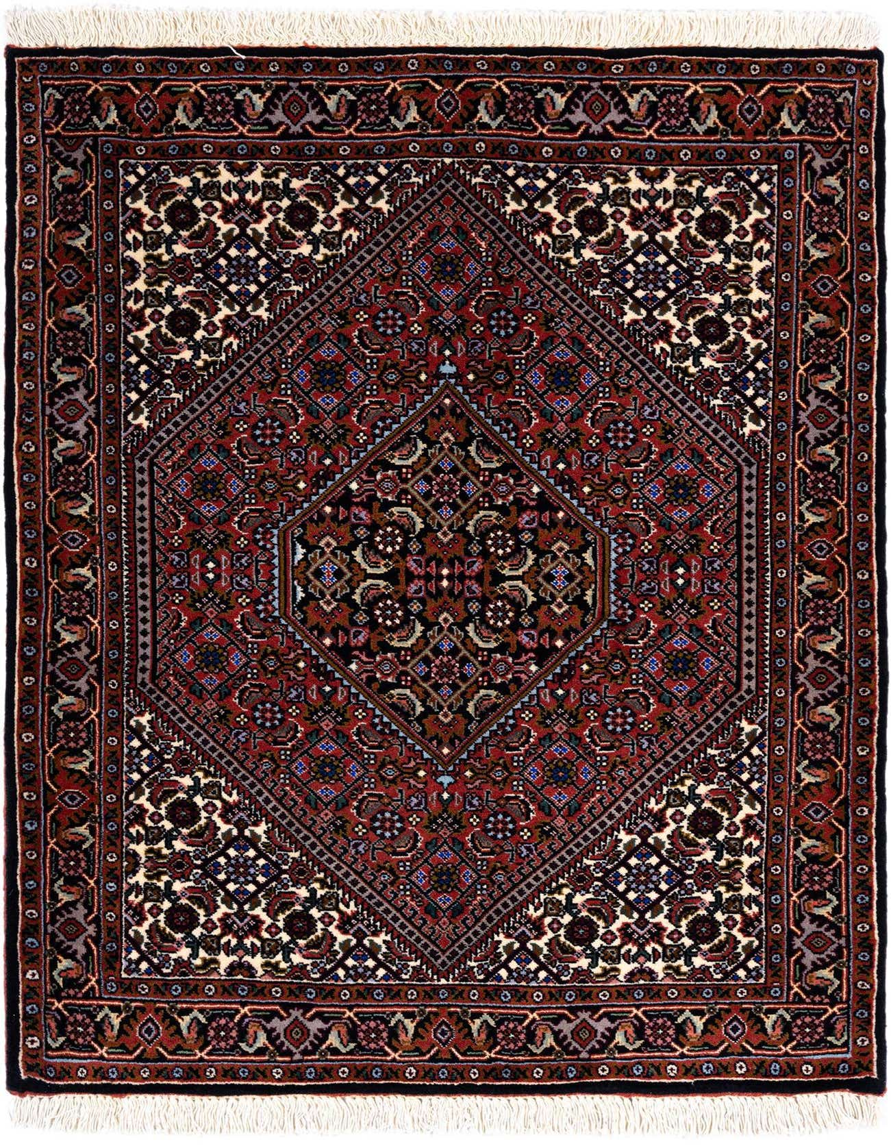 A 2x3 rectangular Bidjar rug featuring a central black diamond medallion and intricate floral patterns in red, black, and cream.