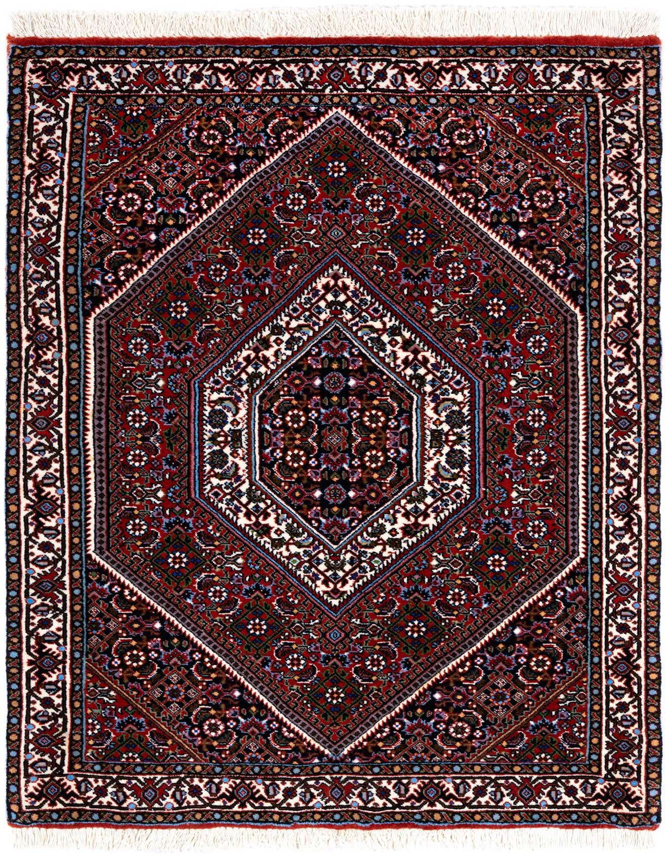 A rectangular 2x3 Bidjar rug featuring a central black and red medallion with intricate floral patterns, framed by a detailed border.