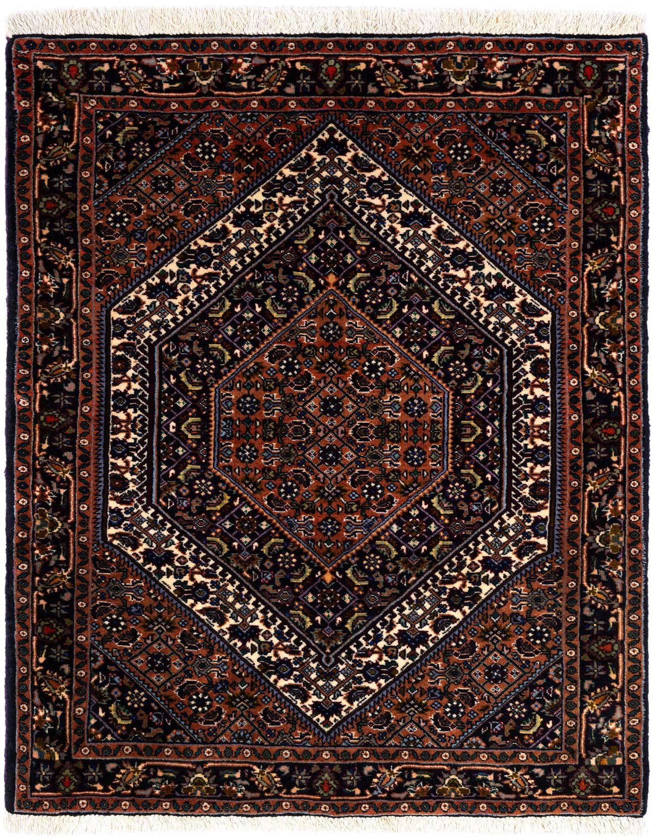 A 2x3 rectangular Bidjar rug featuring a central diamond medallion with intricate floral and geometric patterns in black, brown, and cream.