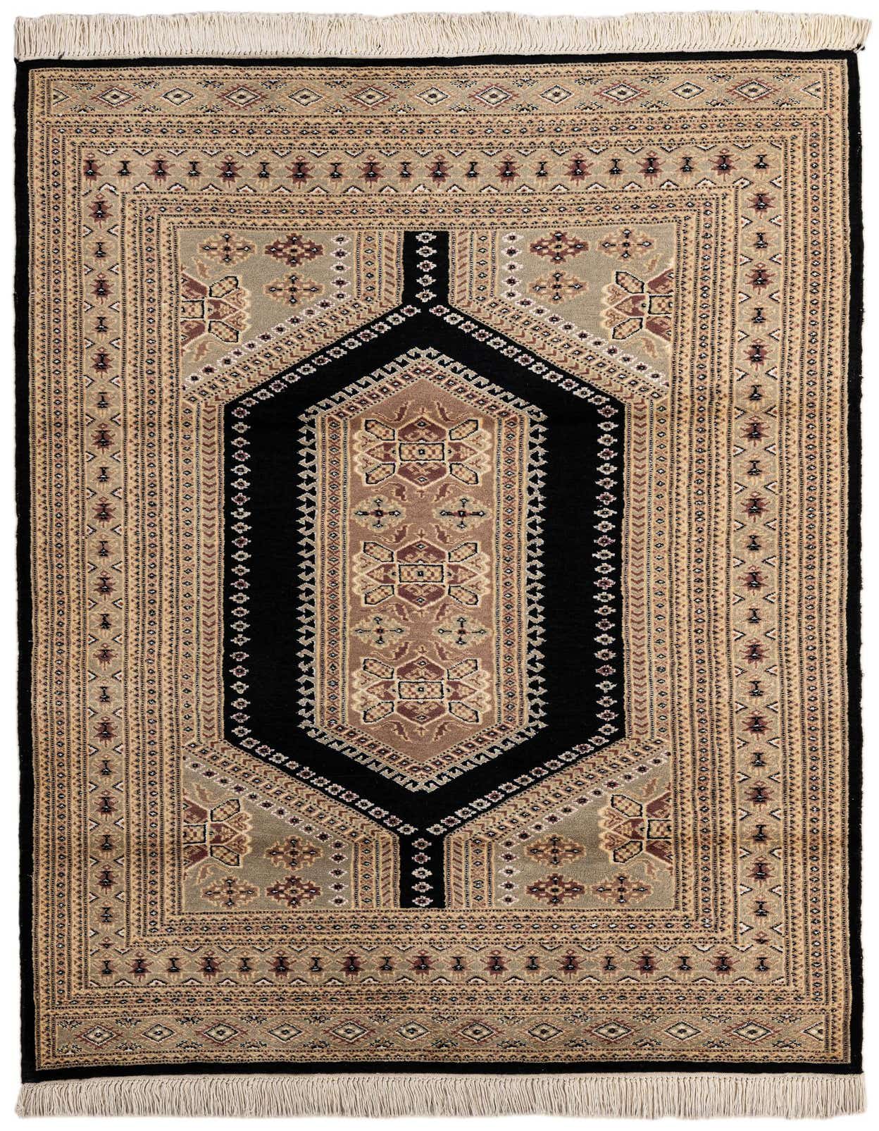 A 4x6 rectangular Bokhara rug featuring a central black medallion with intricate tribal patterns in beige, brown, and muted green, with white fringe.