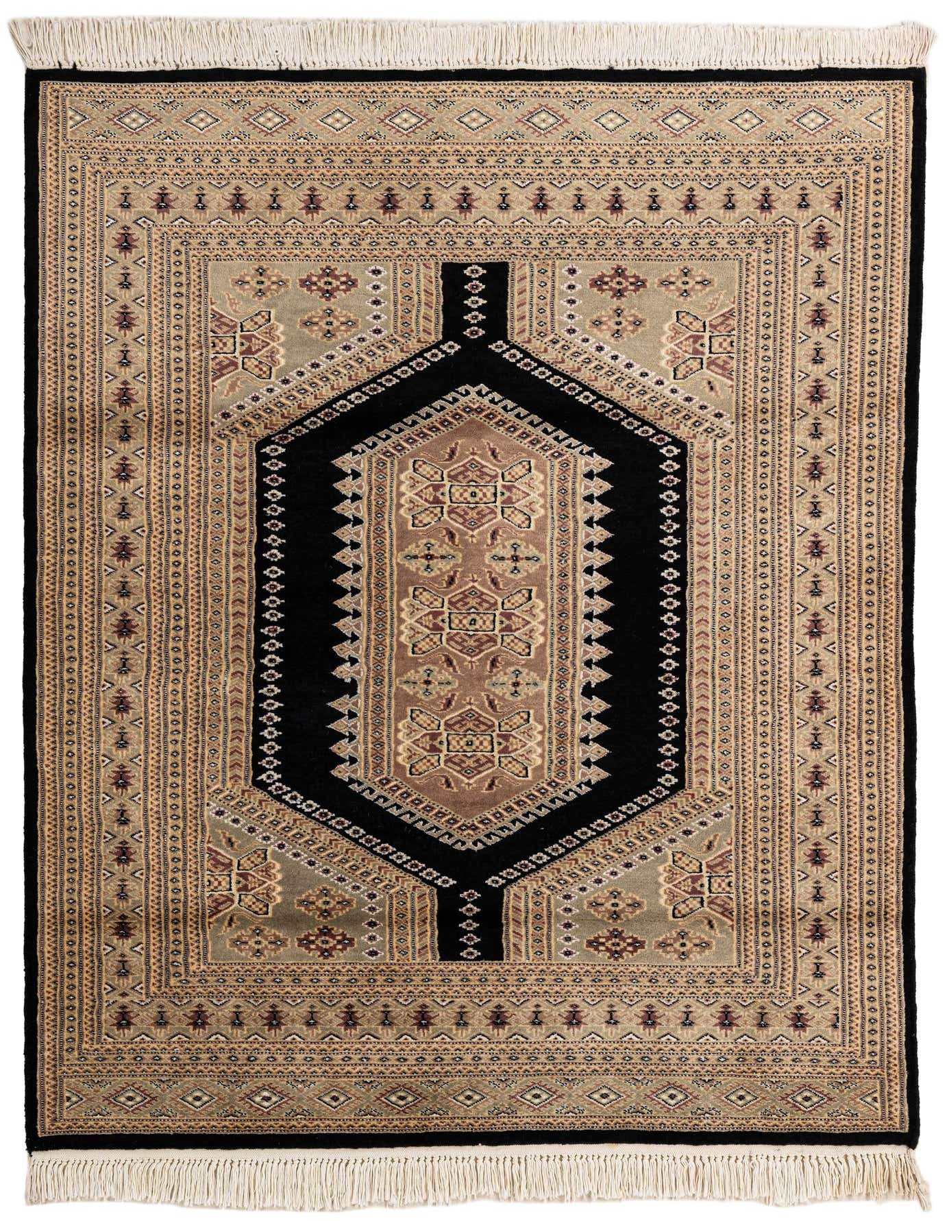 A 4x6 rectangular Bokhara rug featuring a black central medallion on a beige and brown tribal pattern with fringe.