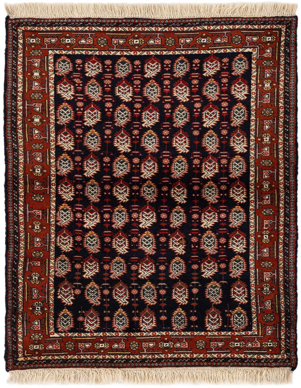 A 3x5 rectangular Bokhara rug with a black field, red border, and intricate traditional tribal patterns, featuring fringe.