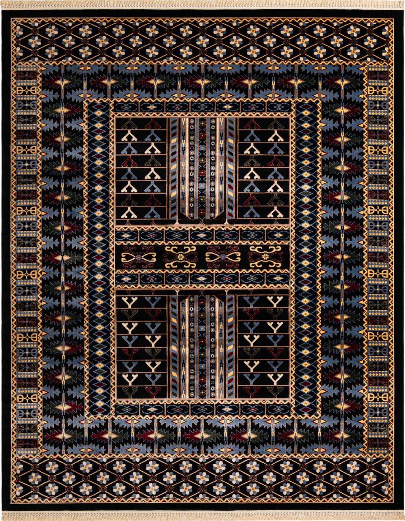 A 10x14 rectangular black Bokhara rug with intricate traditional patterns in blue, red, and yellow, suitable for indoor use.