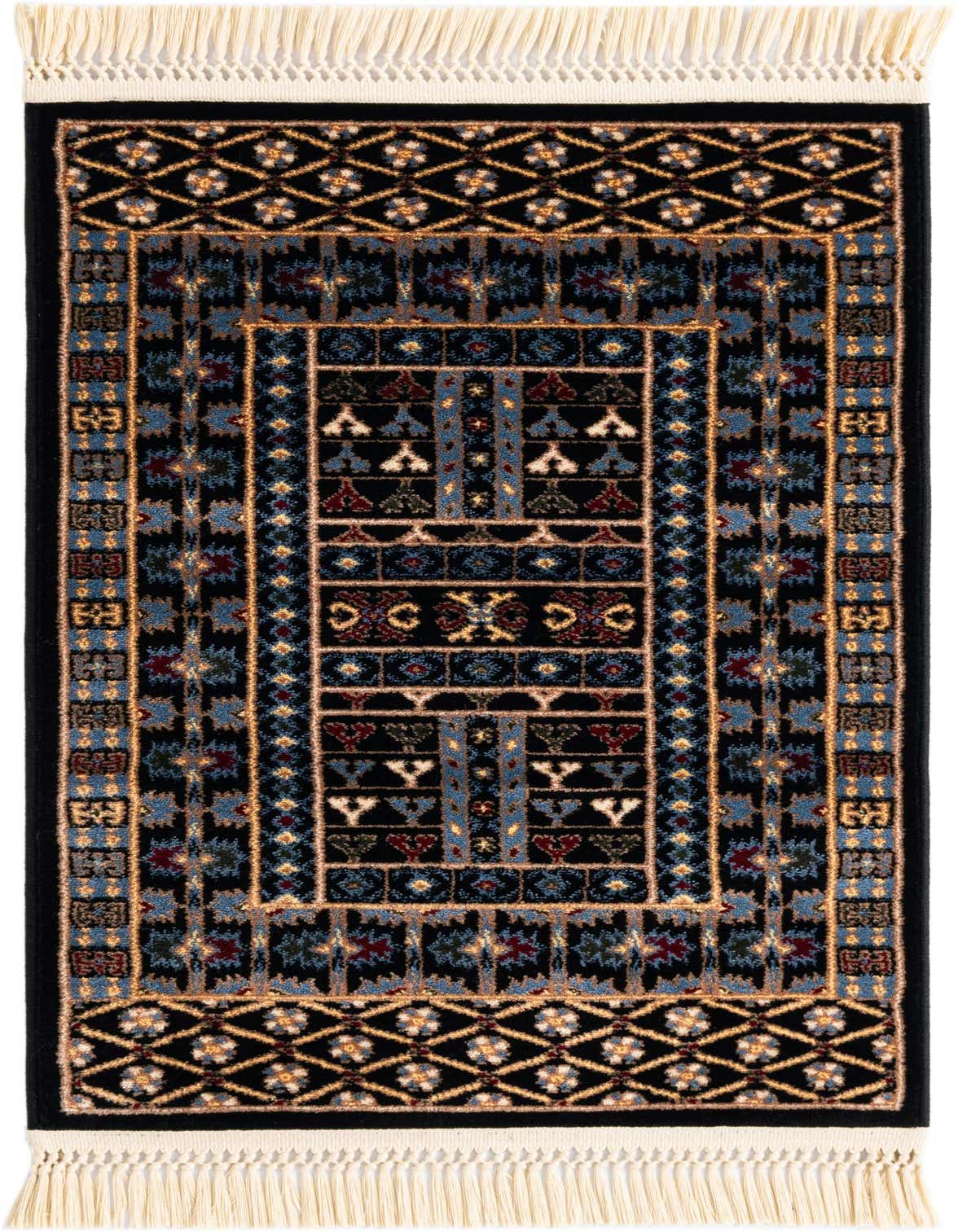A 2x3 rectangular Bokhara rug in black with intricate traditional patterns in blue, gold, and red, featuring white fringe.