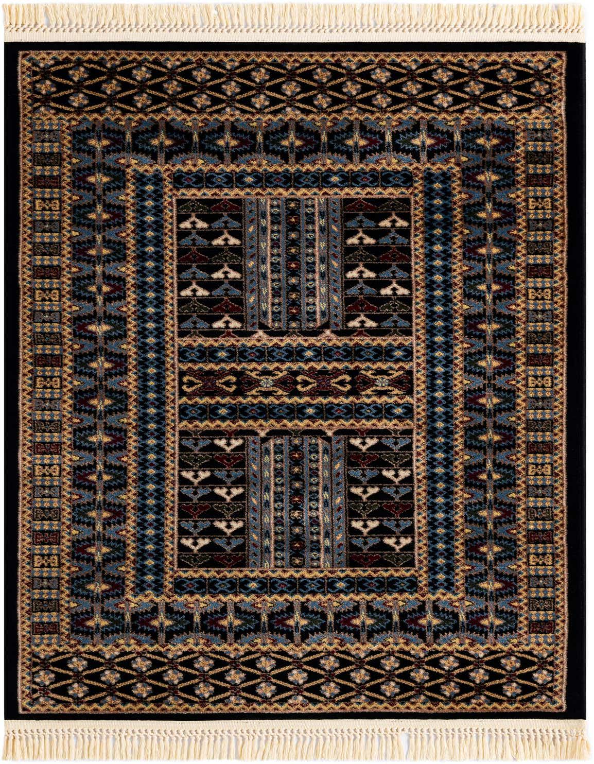 A 3x5 rectangular Bokhara rug featuring a complex black, blue, and gold traditional pattern with white fringe.