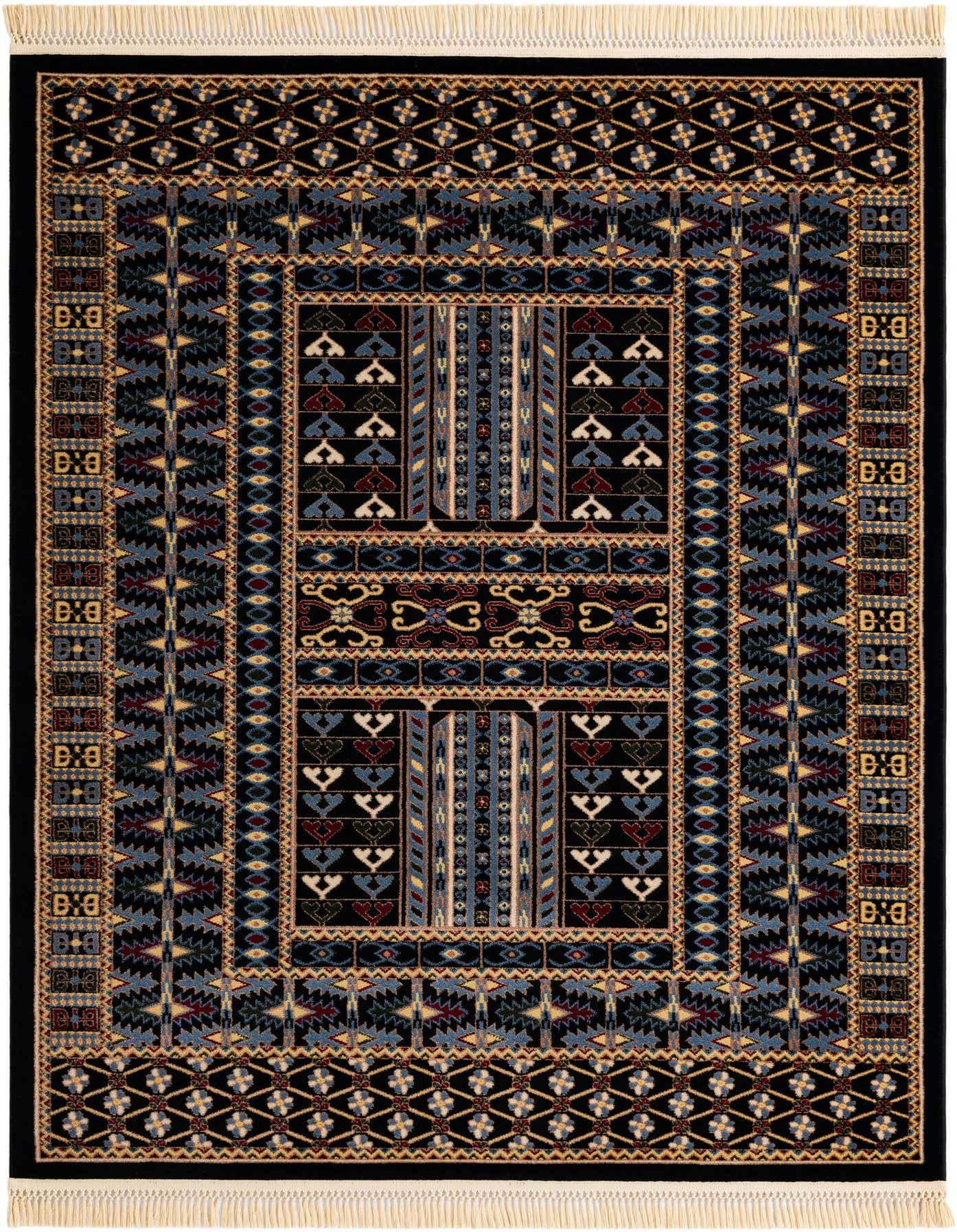 A 5x7 rectangular Bokhara rug with a black background and intricate geometric patterns in blue, red, and gold, featuring white fringe.
