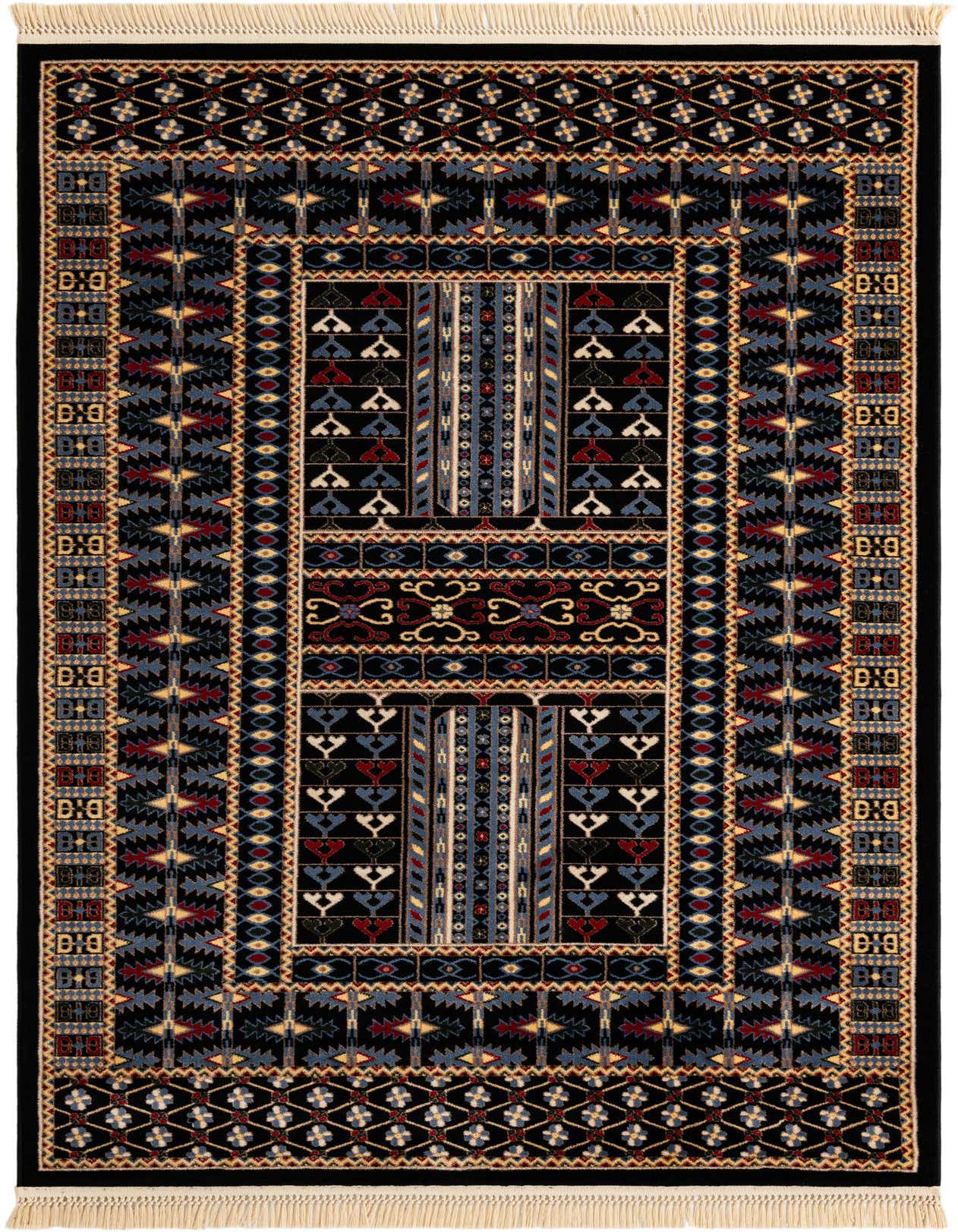 A 5x8 rectangular Bokhara rug with a black background and intricate geometric patterns in blue, red, and beige, featuring a thin pile and fringed ends.